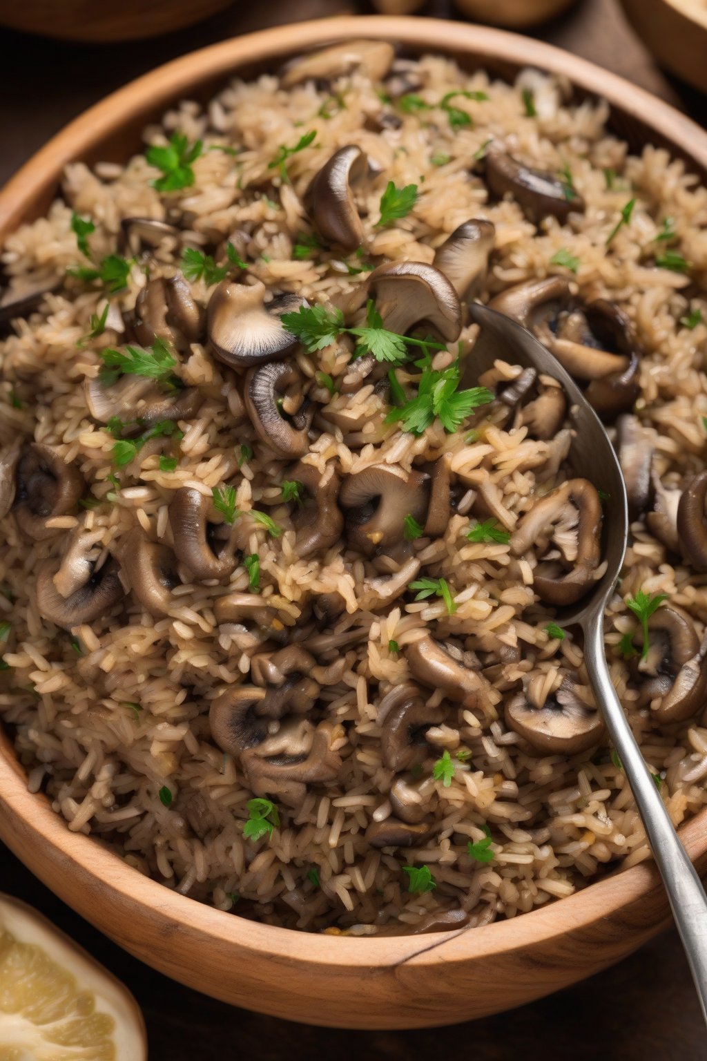 A high-resolution photo of mushroom dirty rice with golden-brown bits and herbs, in a wooden bowl, under soft lighting.