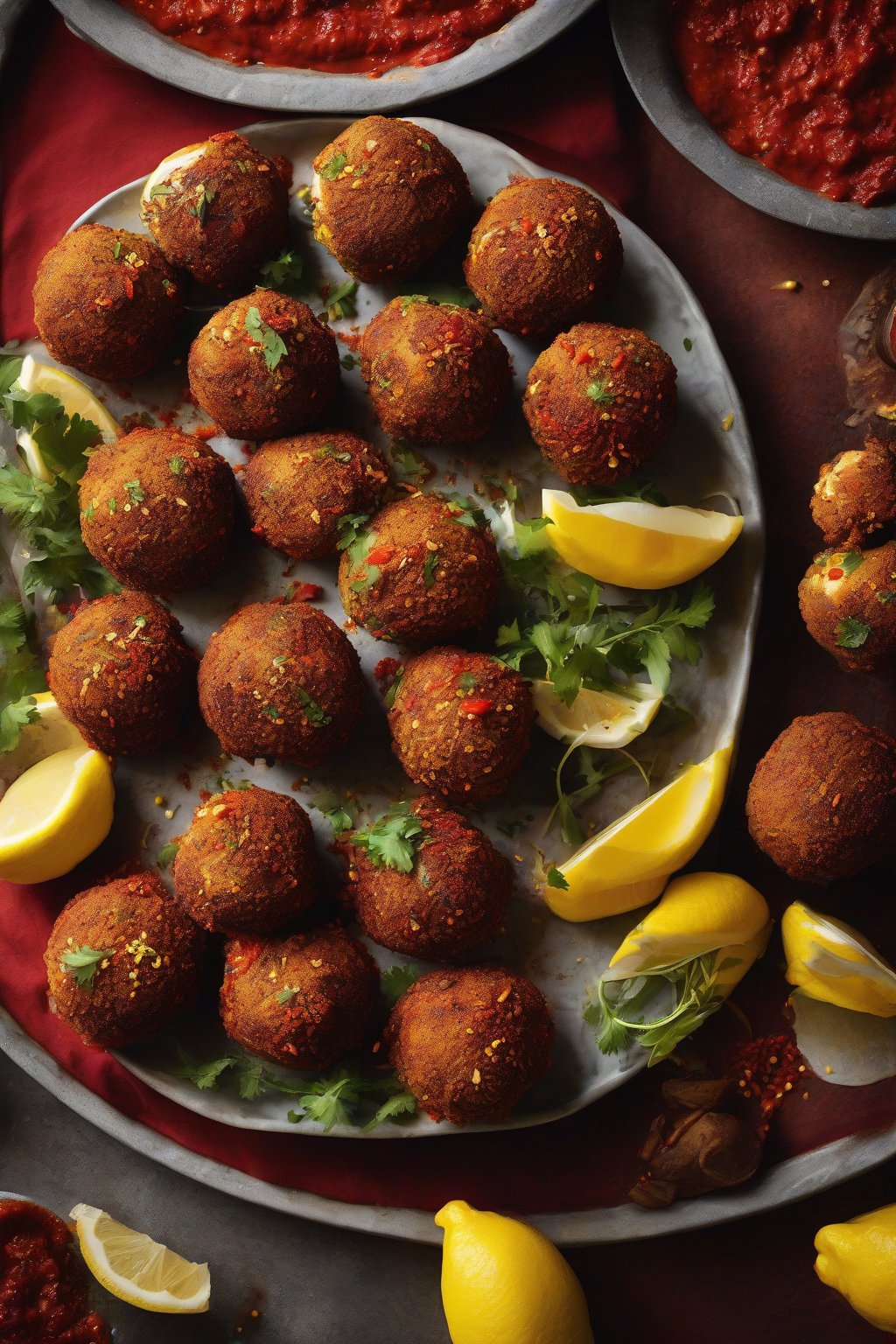 A high-resolution photo of spicy harissa falafel bombs with a fiery red hue next to lemon wedges, under soft lighting.