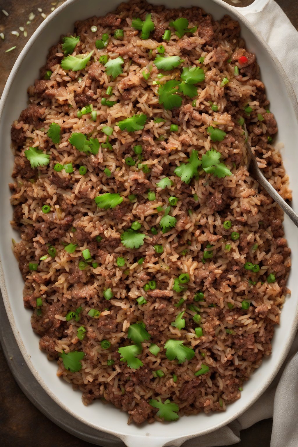 A high-resolution photo of ground beef dirty rice, savory and speckled, served family-style, under soft lighting.