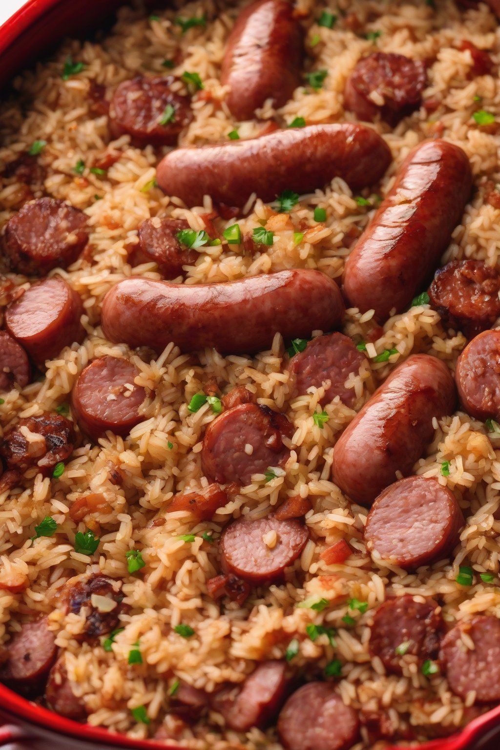 A high-resolution photo of smoked sausage dirty rice with charred sausage edges, in a red pot, under soft lighting.