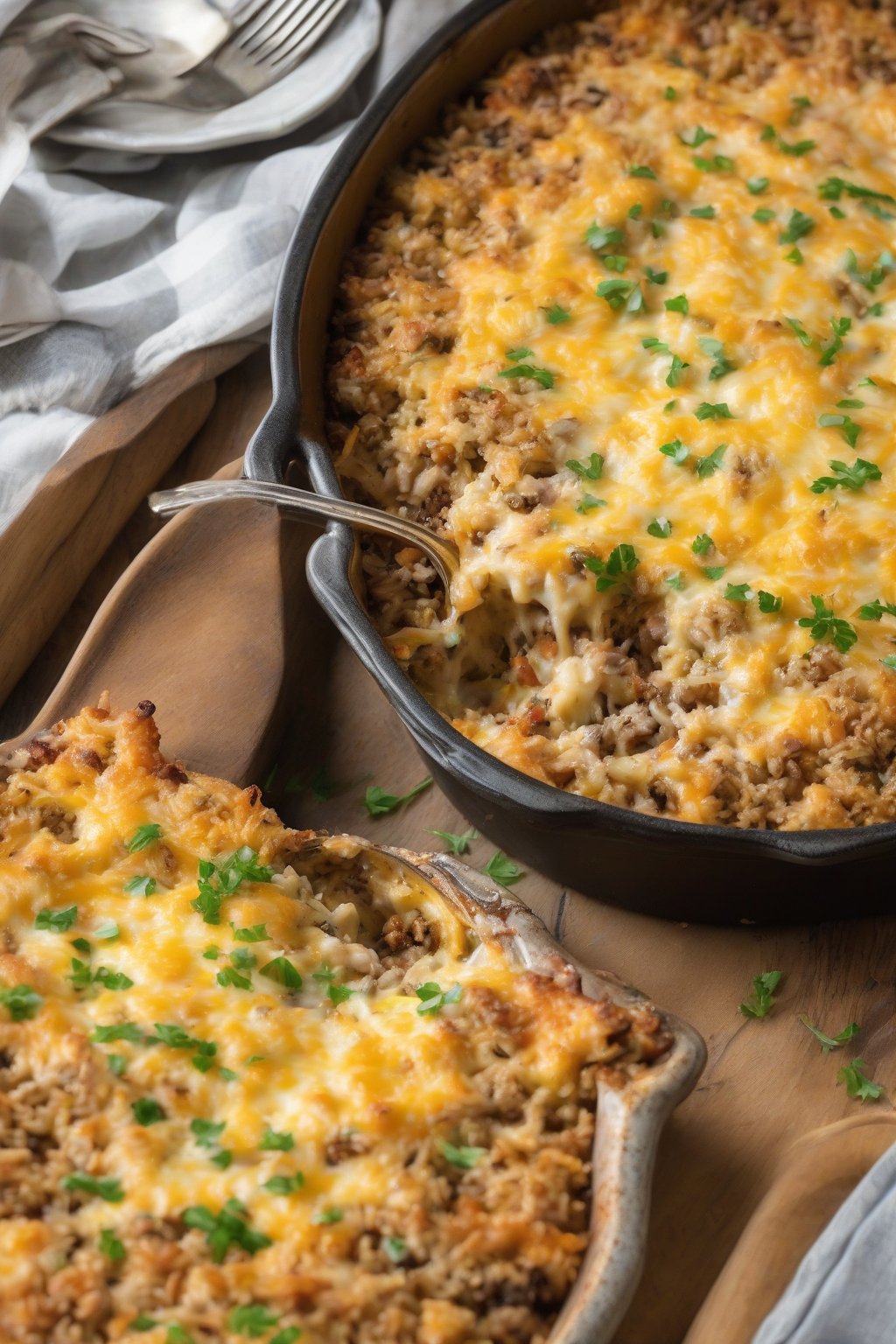 A high-resolution photo of baked dirty rice casserole with bubbly cheese crust, under soft lighting.