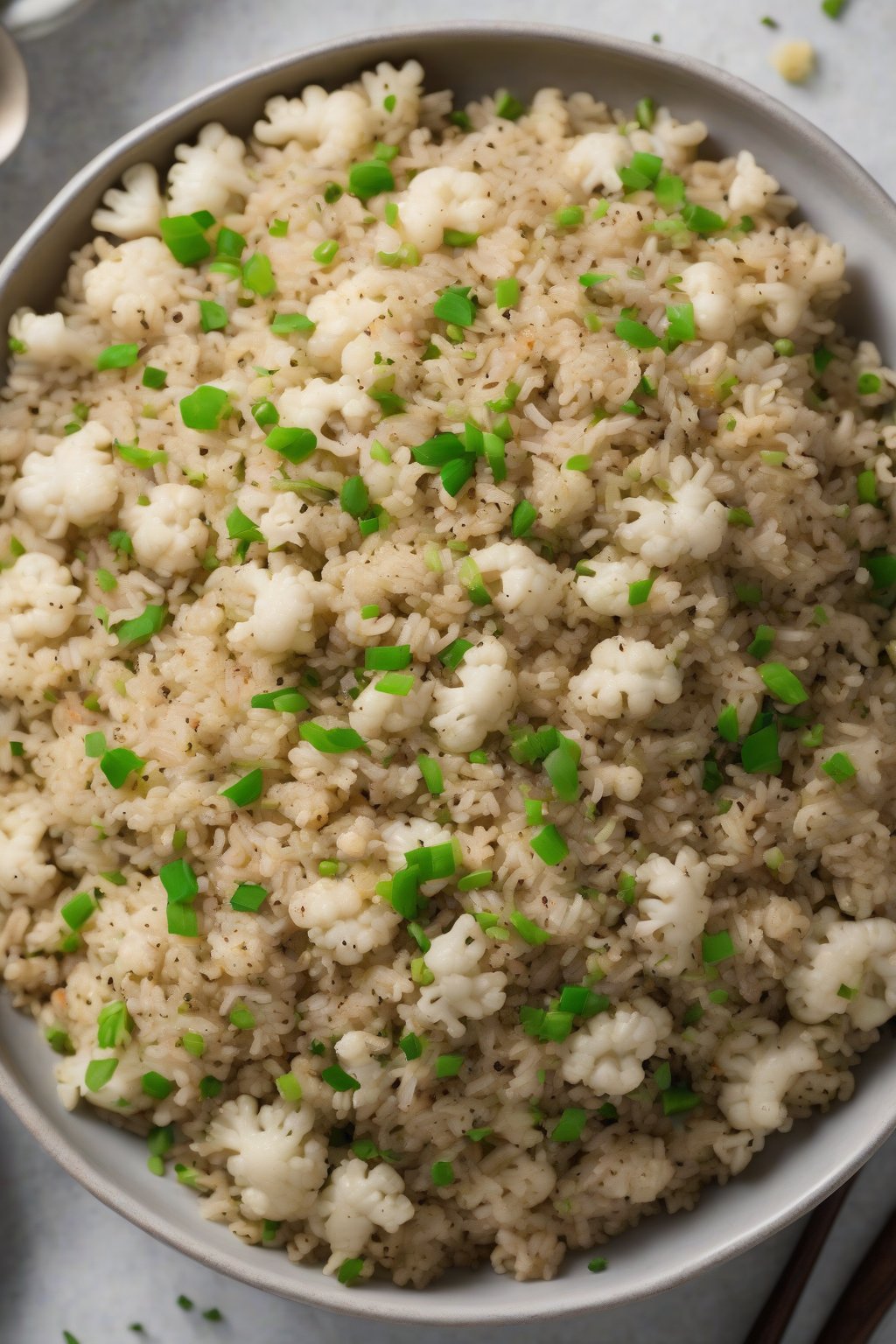 A high-resolution photo of cauliflower dirty rice, light and green-flecked, in a modern bowl, under soft lighting.