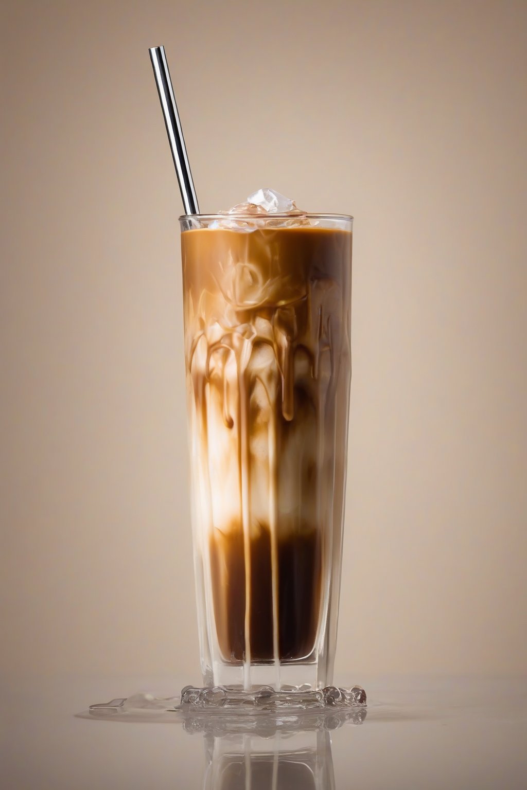 A high-resolution photo of a tall glass of Vietnamese iced coffee with condensed milk layers, ice cubes, and a metal straw, under soft lighting.