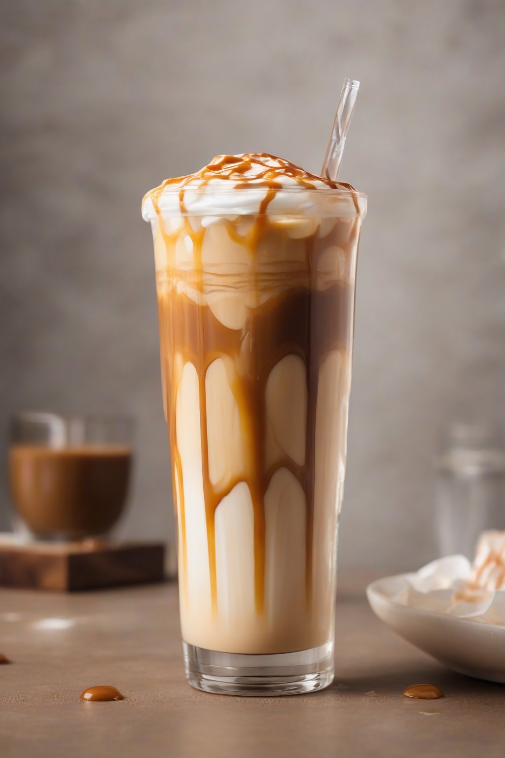 A high-resolution photo of a layered salted caramel iced latte in a clear glass with foam top, caramel drizzle, under soft lighting.