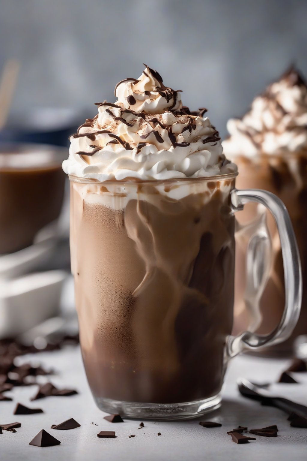 A high-resolution photo of a mocha iced coffee topped with whipped cream and chocolate shavings in a frosty mug, under soft lighting.