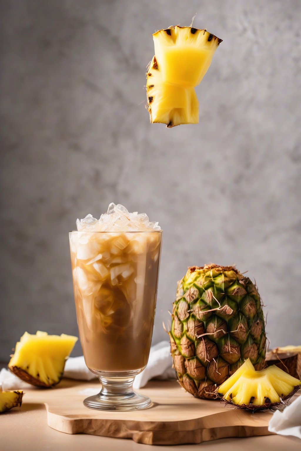 A high-resolution photo of coconut iced coffee garnished with pineapple slices and toasted coconut, condensation on the glass, under soft lighting.
