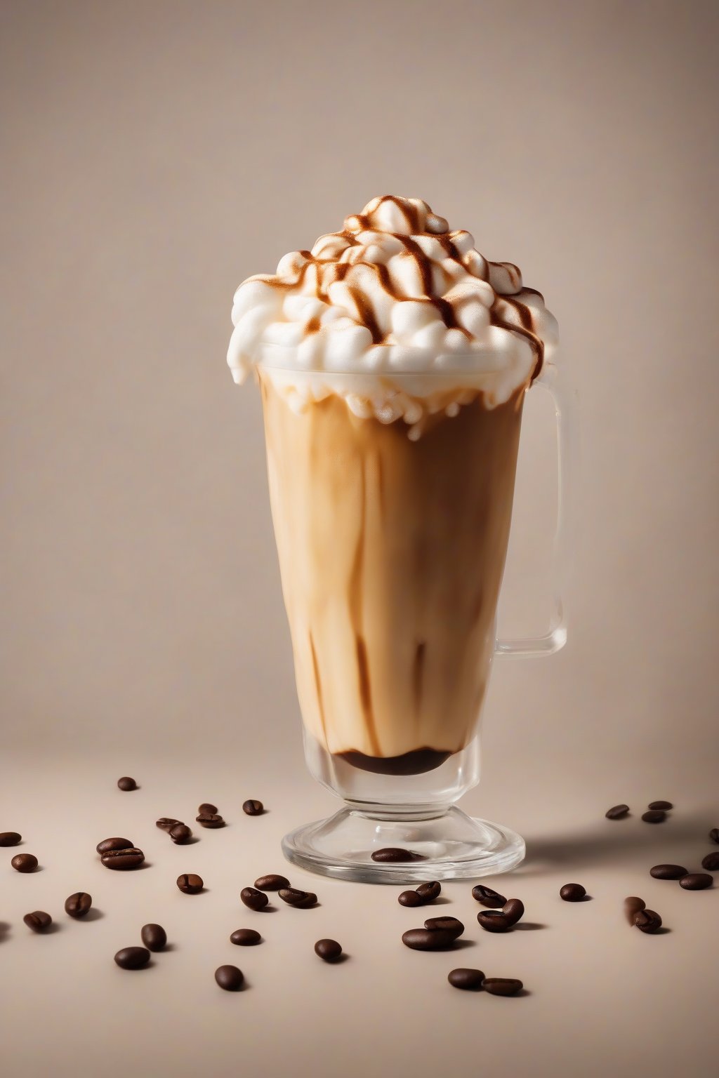 A high-resolution photo of vanilla cold foam iced coffee with thick foam layer and beans scattered on top, under soft lighting.