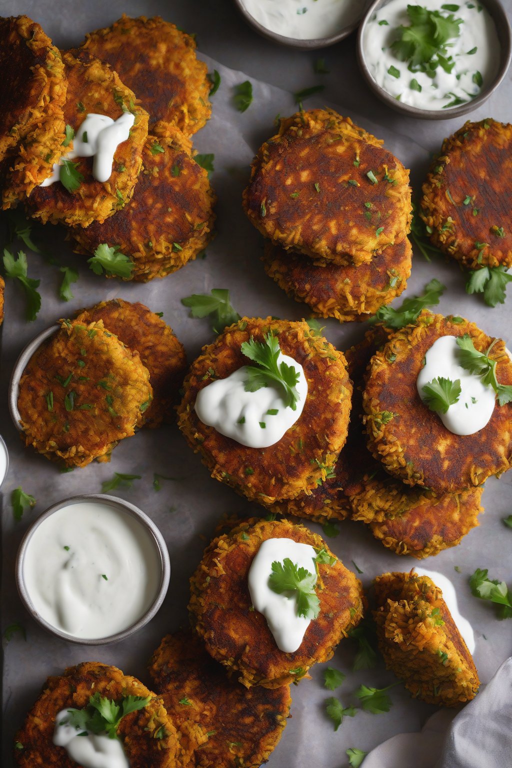 A high-resolution photo of orange-tinged sweet potato falafel patties stacked with yogurt sauce, under soft lighting.