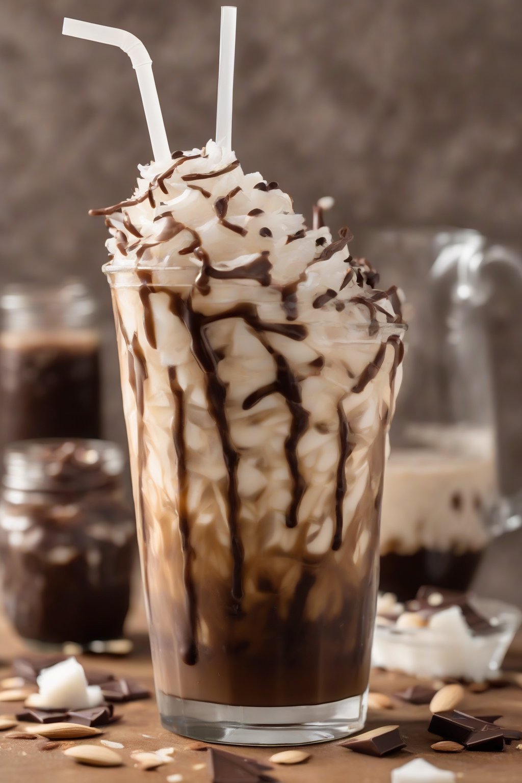 A high-resolution photo of almond joy iced coffee with chocolate drizzle and coconut shreds in a tall glass, under soft lighting.