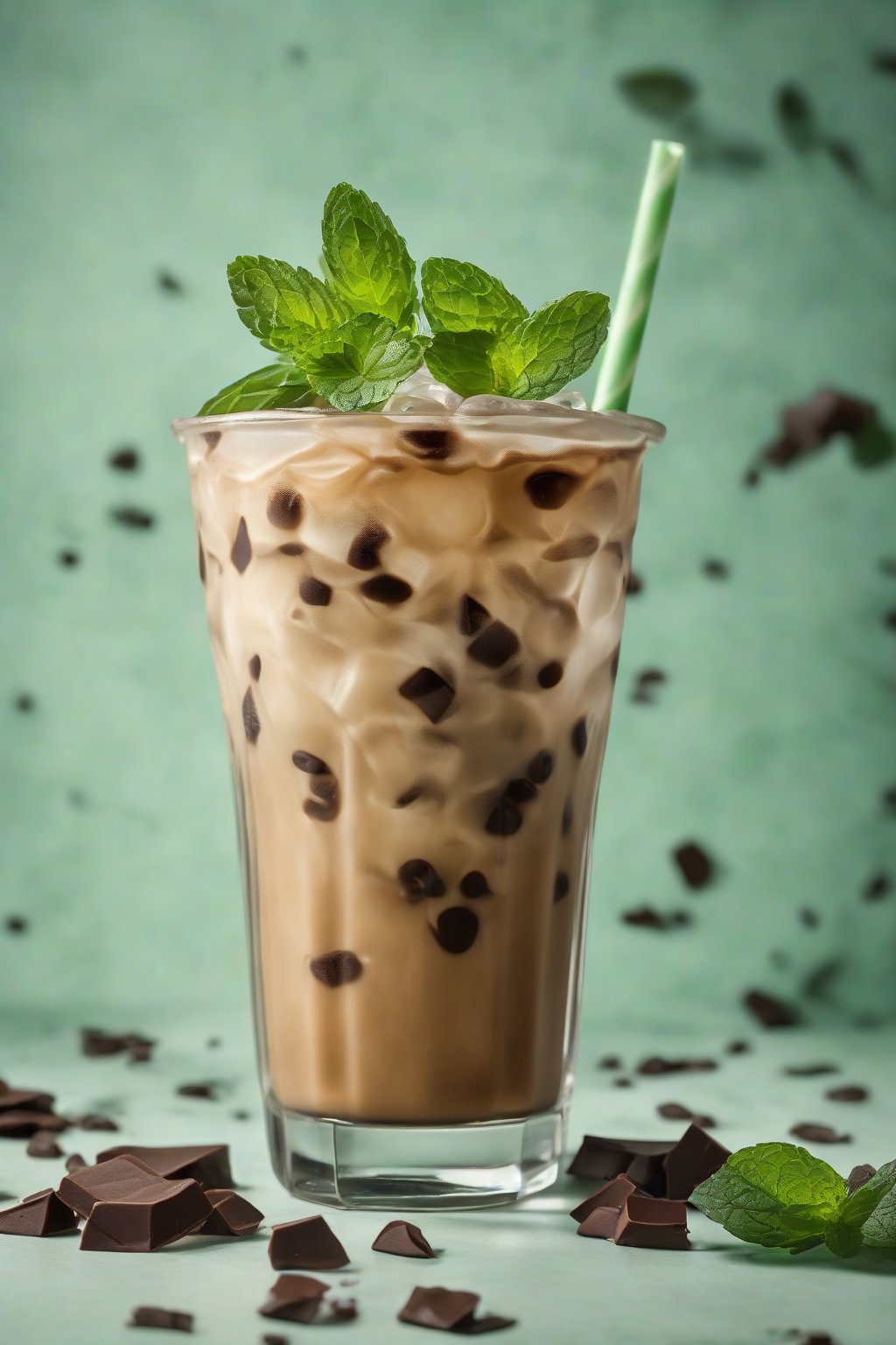 A high-resolution photo of mint chocolate chip iced coffee with floating chips and mint leaves, misty glass, under soft lighting.