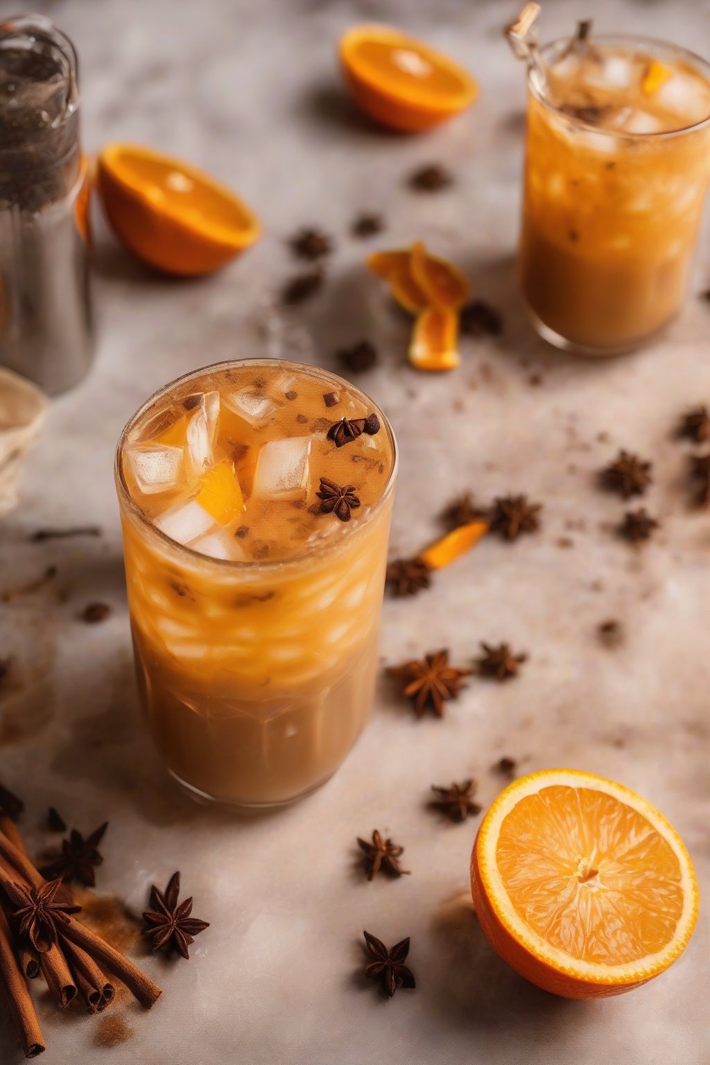 A high-resolution photo of orange cardamom iced coffee with orange slices and spice dusting, vibrant colors, under soft lighting.