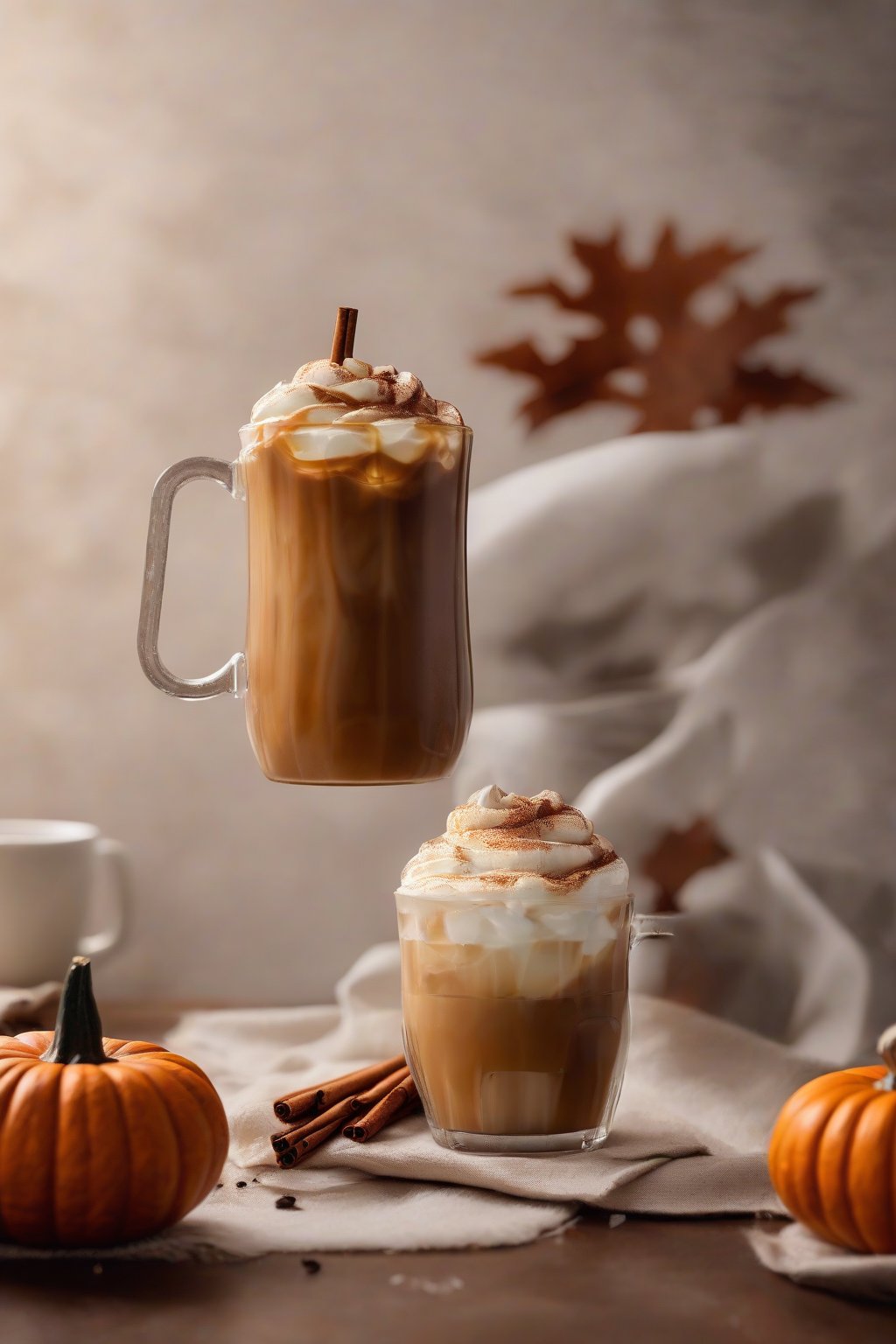 A high-resolution photo of pumpkin spice iced coffee topped with whipped cream and cinnamon, in a cozy mug, under soft lighting.