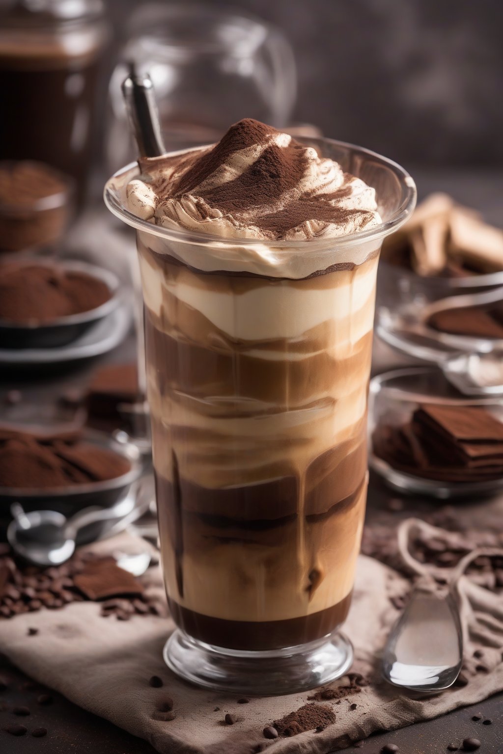 A high-resolution photo of tiramisu iced coffee with creamy layers and cocoa powder dusting, elegant glass, under soft lighting.