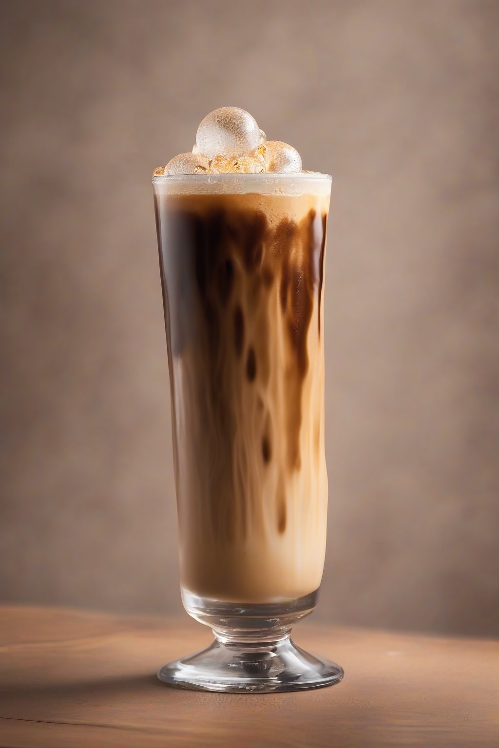 A high-resolution photo of nitro cascara iced coffee with creamy cascade and tight bubbles, in a stout glass, under soft lighting.