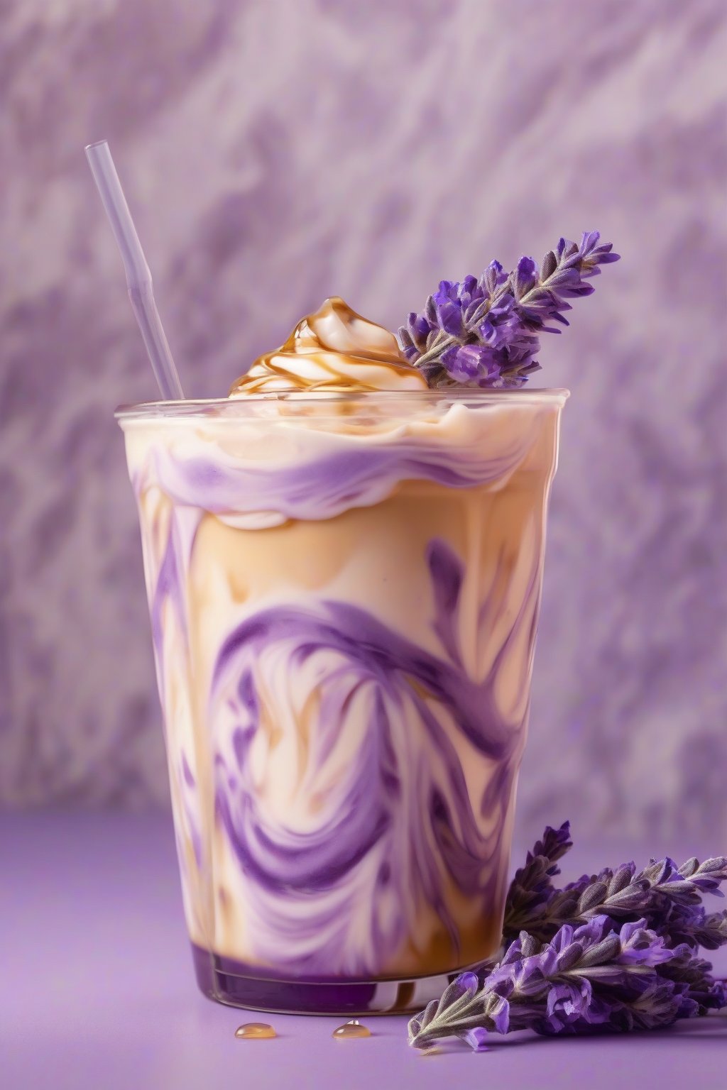 A high-resolution photo of lavender honey iced latte with purple swirls and honey drizzle, delicate glass, under soft lighting.