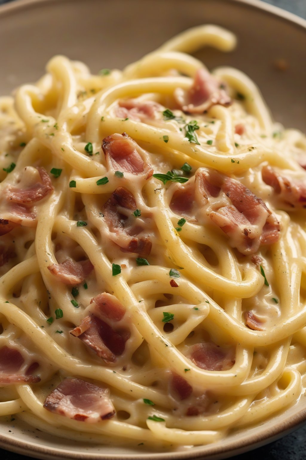 A high-resolution close-up photo of bucatini carbonara glistening with egg sauce and pancetta bits under soft lighting.