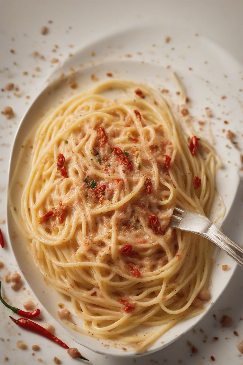 A high-resolution photo of spicy carbonara with red chili flecks on steaming spaghetti under soft lighting.