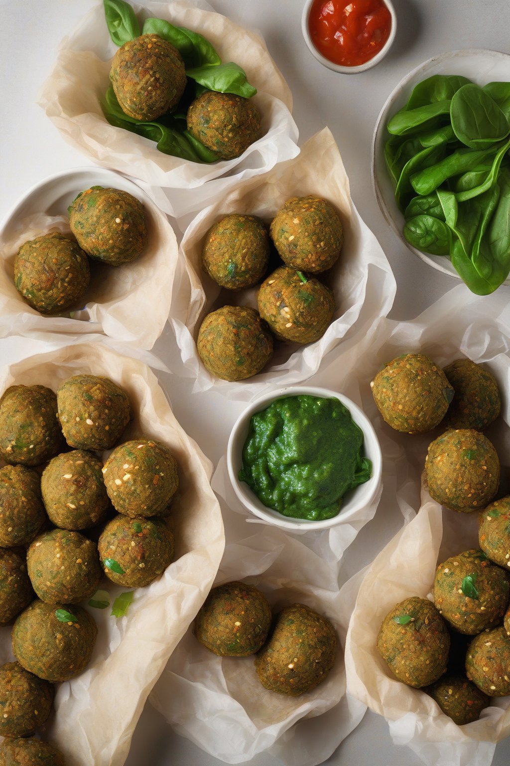 A high-resolution photo of green-flecked lentil spinach falafel balls in a pita pocket, under soft lighting.