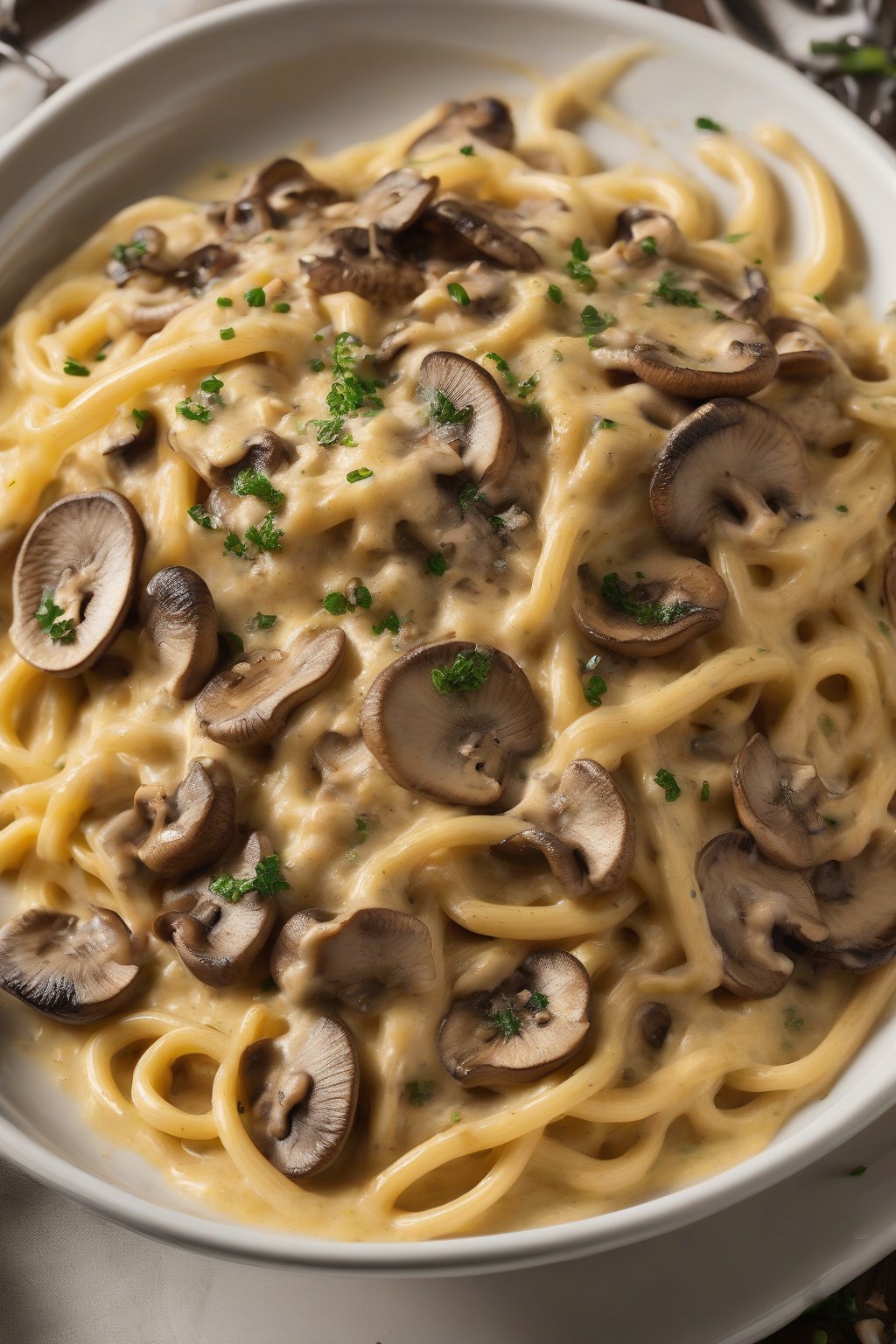 A high-resolution close-up photo of mushroom-studded carbonara with golden sauce under soft lighting.