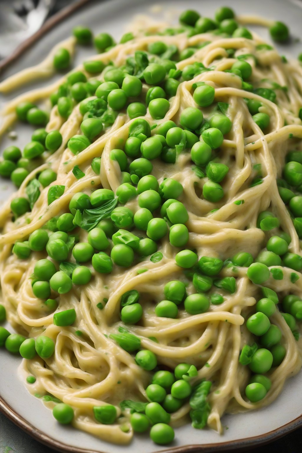 A high-resolution photo of vibrant green peas in creamy carbonara under soft lighting.