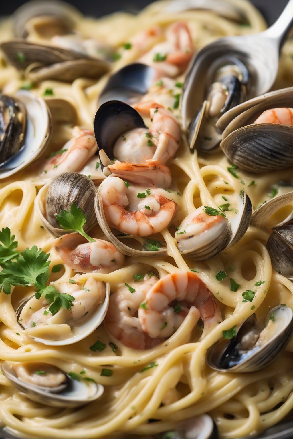 A high-resolution close-up photo of seafood carbonara with clams and glossy sauce under soft lighting.