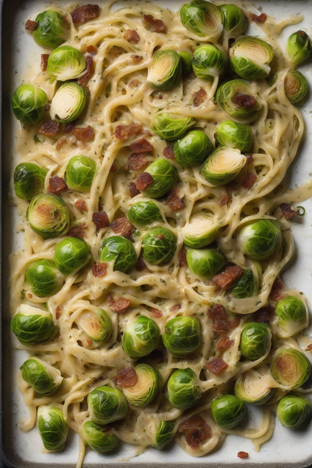 A high-resolution photo of Brussels sprouts carbonara with caramelized edges under soft lighting.