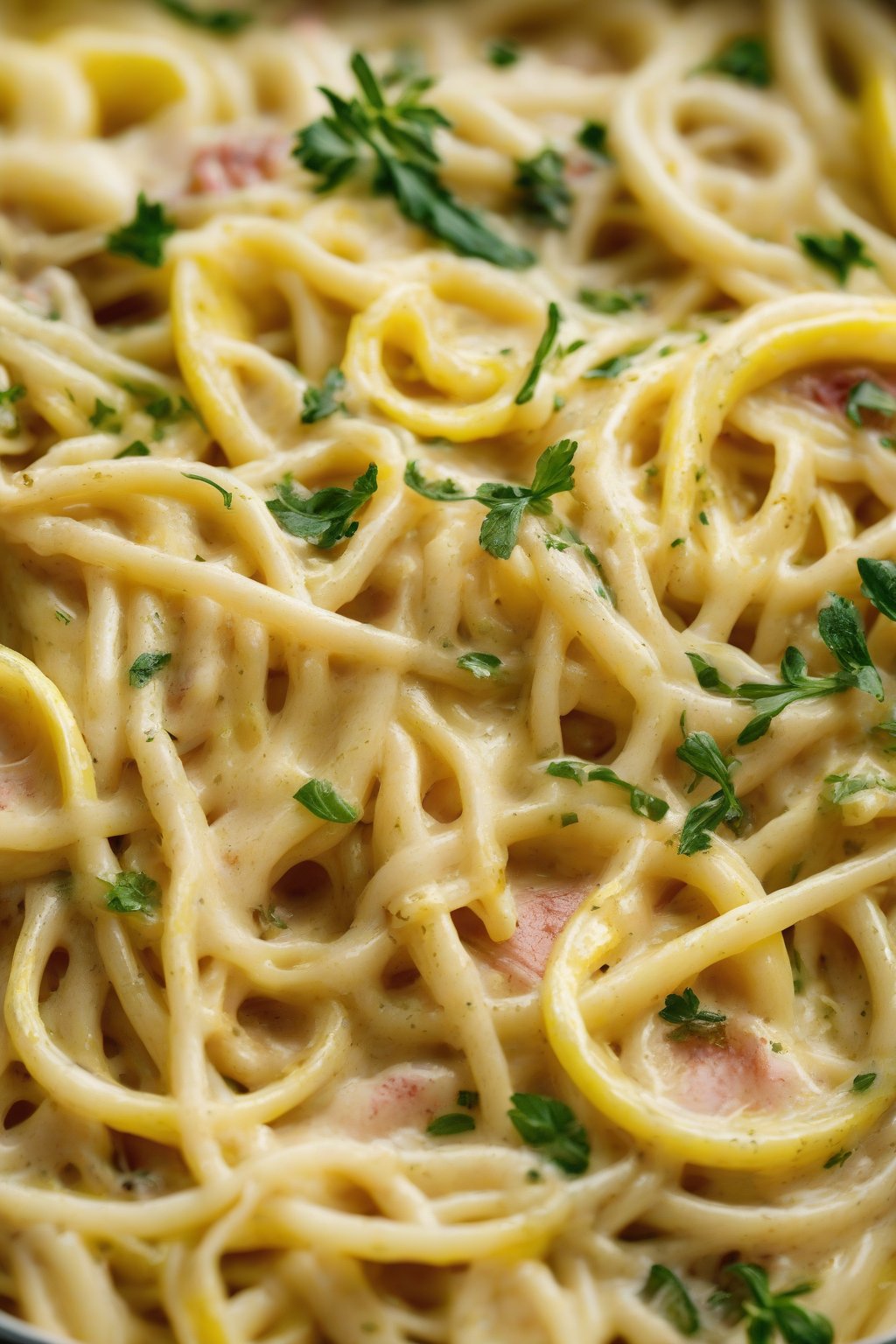 A high-resolution close-up photo of lemon-zested carbonara with yellow flecks under soft lighting.