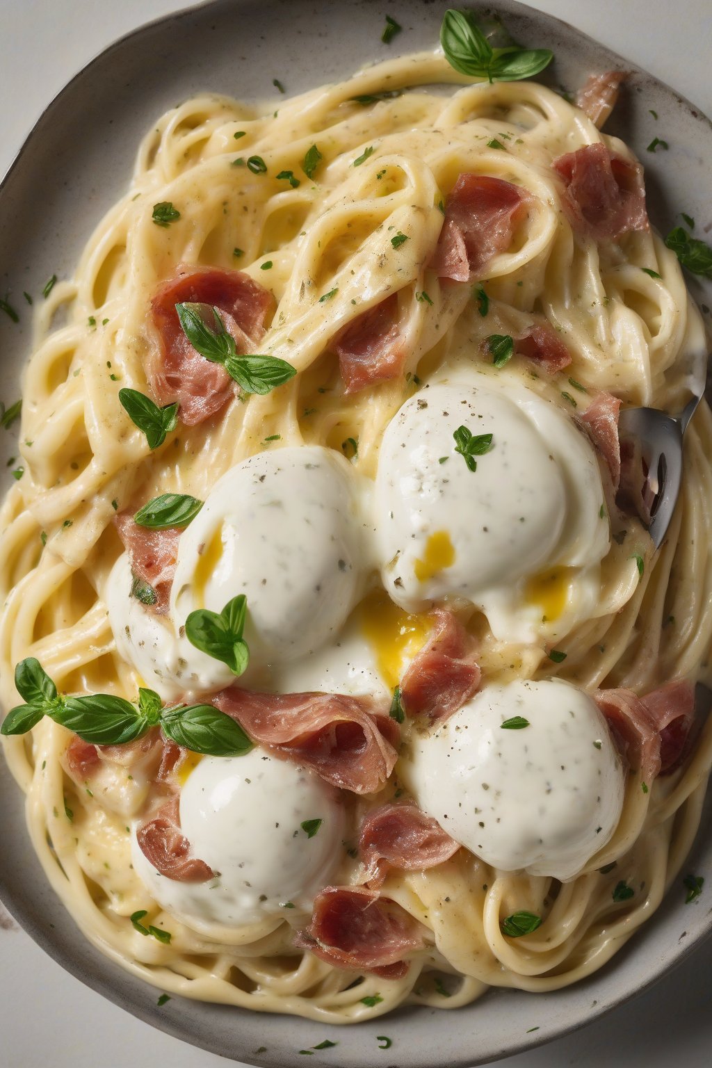 A high-resolution photo of burrata carbonara oozing creamy cheese under soft lighting.