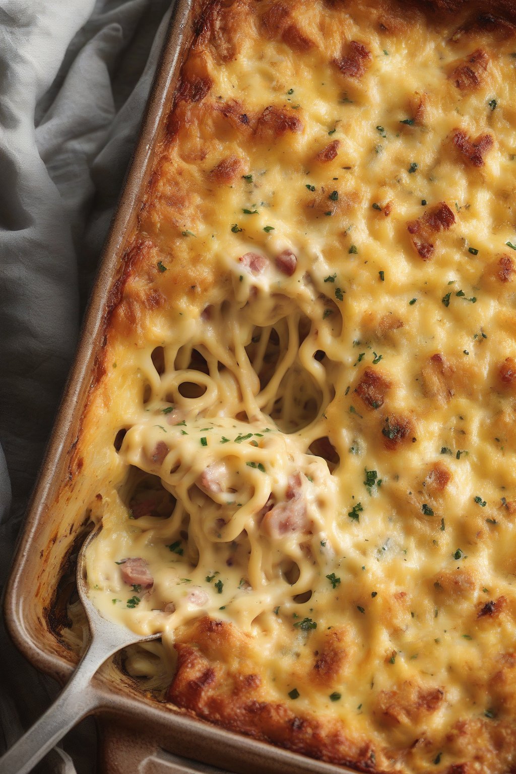 A high-resolution close-up photo of golden baked carbonara casserole slice under soft lighting.