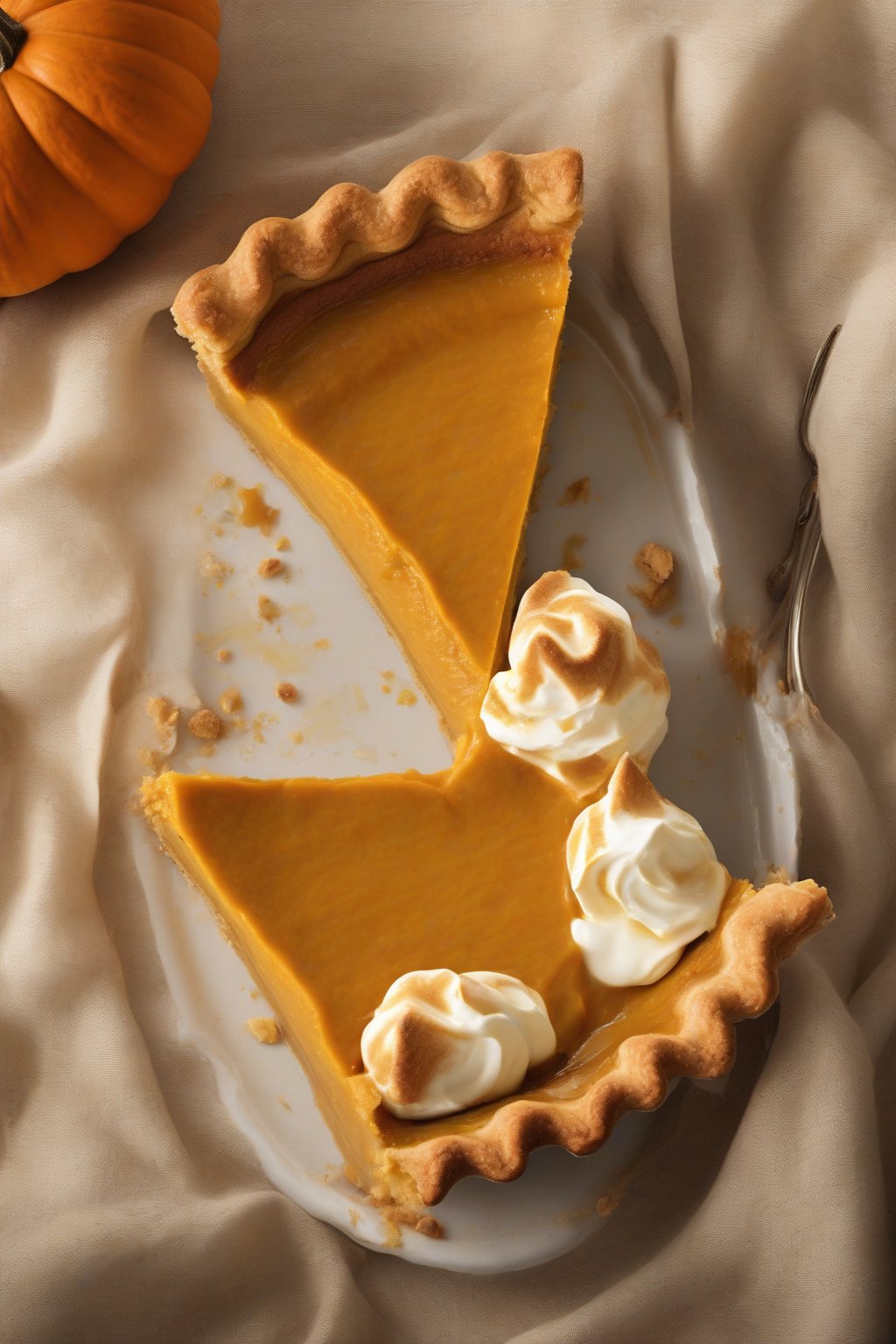 A high-resolution photo of a golden classic pumpkin pie slice with flaky crust and perfect custard filling under soft lighting.