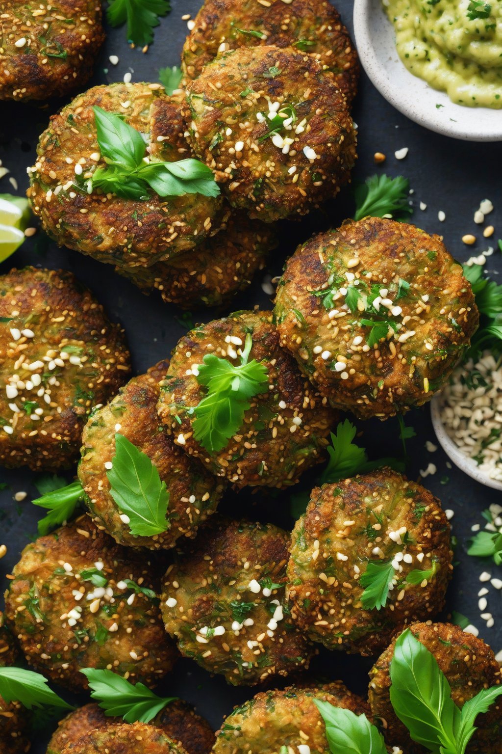 A high-resolution photo of crispy zucchini falafel fritters topped with sesame seeds and herbs, under soft lighting.