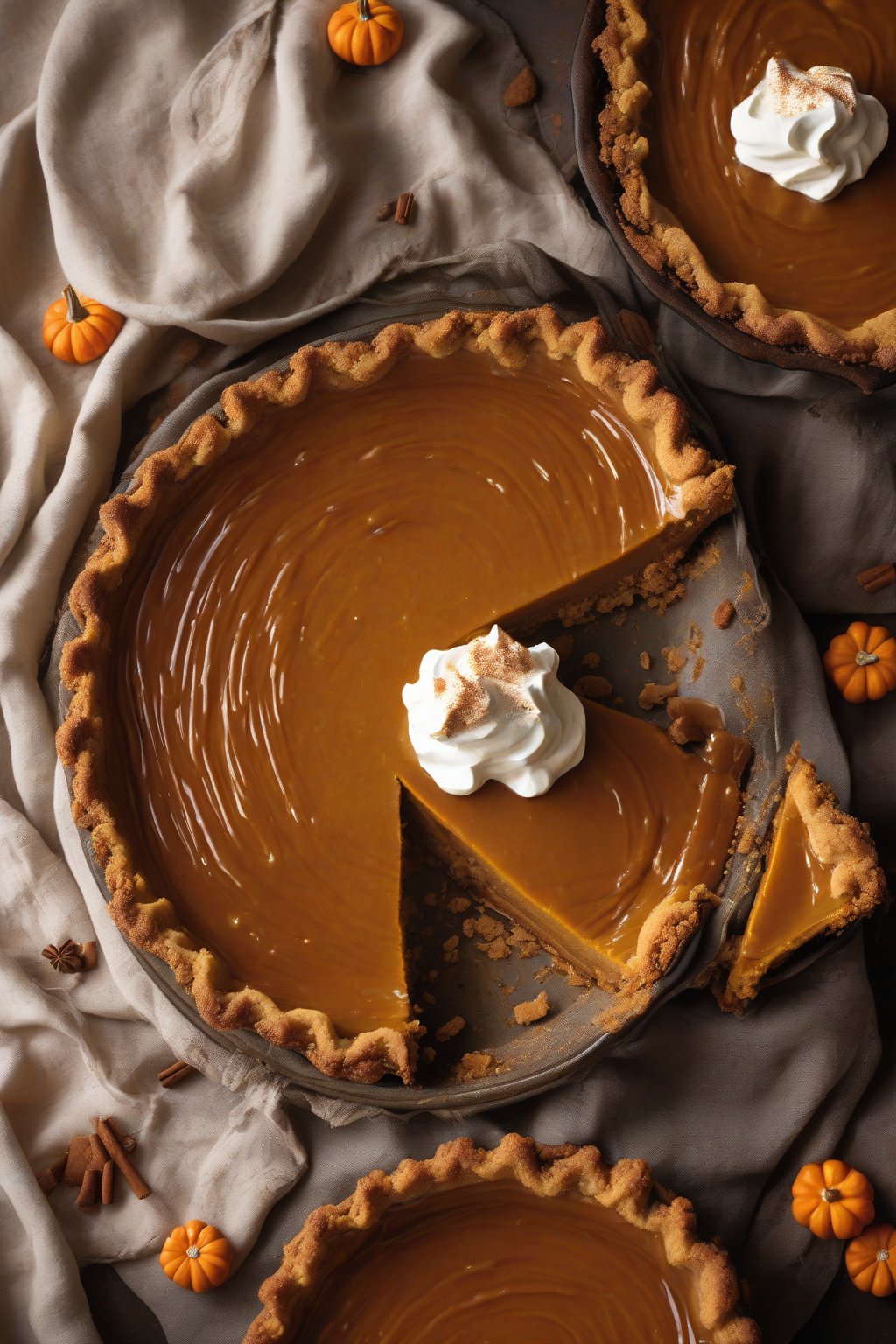 A high-resolution photo of pumpkin pie with crunchy gingersnap crust and spiced filling under soft lighting.
