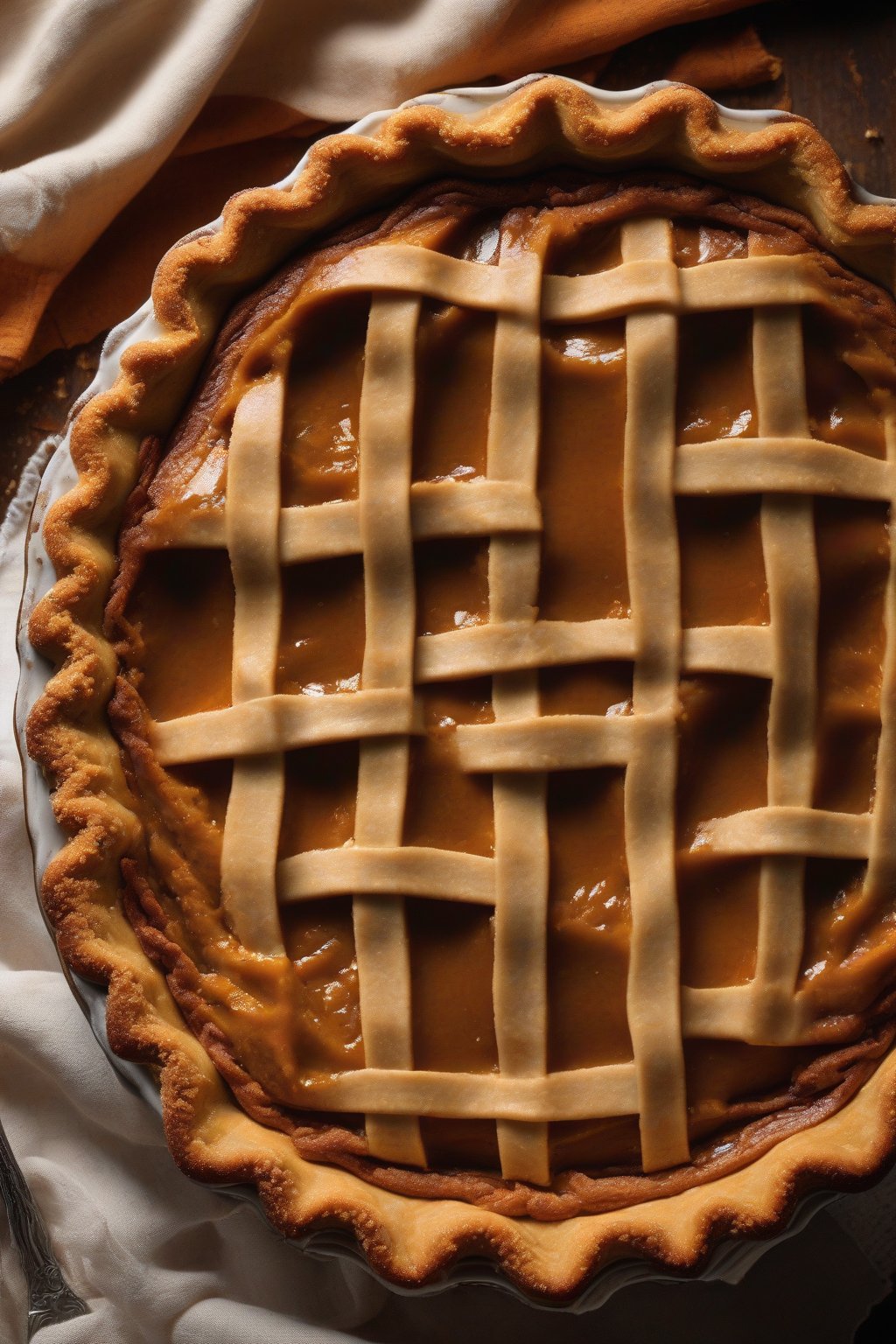 A high-resolution photo of maple bourbon pumpkin pie with a glossy top and lattice crust under soft lighting.