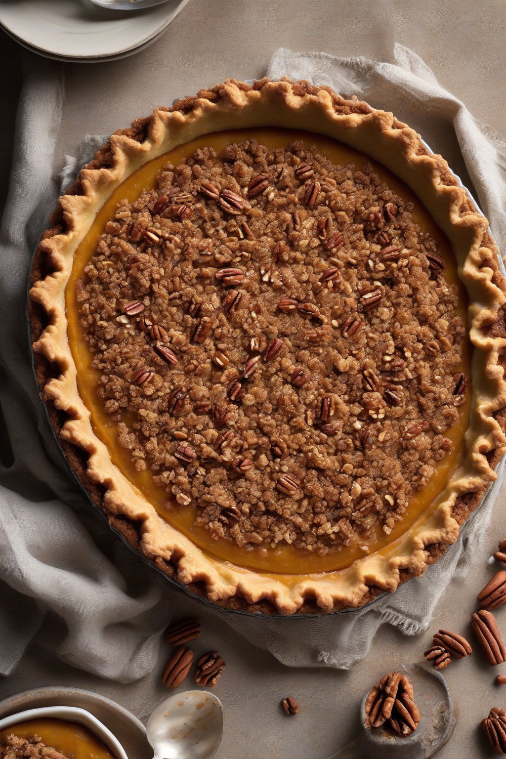A high-resolution photo of streusel-topped pumpkin pie with crumbly cinnamon pecan topping under soft lighting.