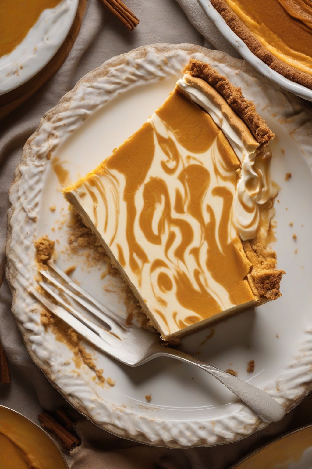A high-resolution photo of swirled pumpkin cheesecake pie with creamy layers under soft lighting.