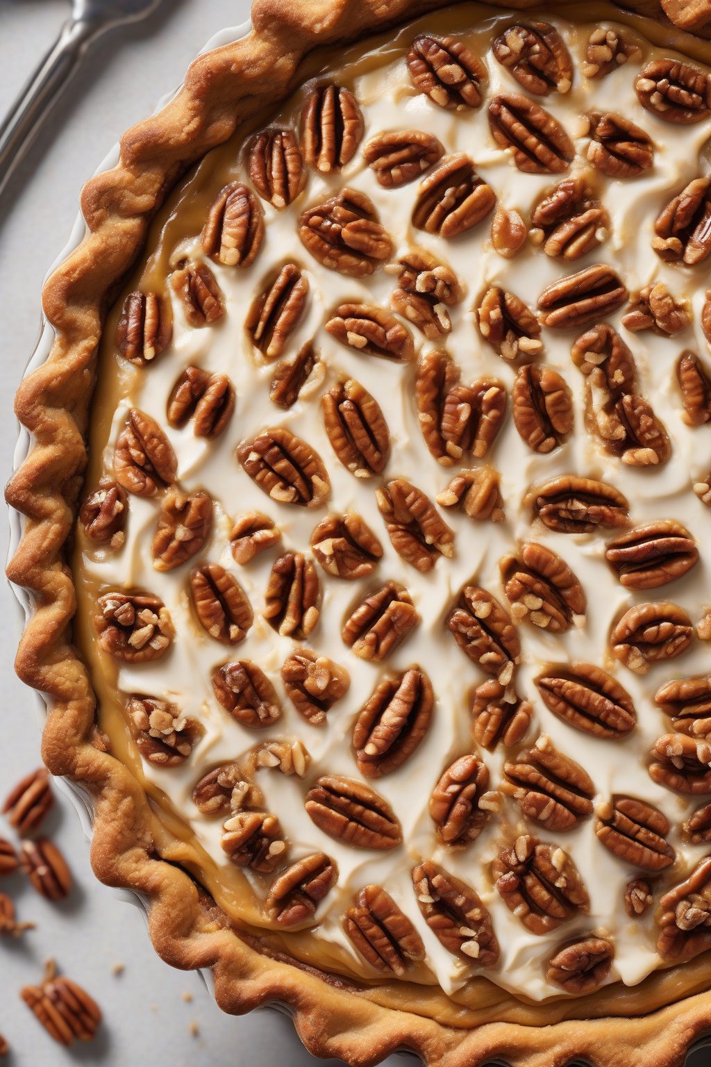 A high-resolution photo of pecan praline pumpkin pie with caramelized nut layer under soft lighting.