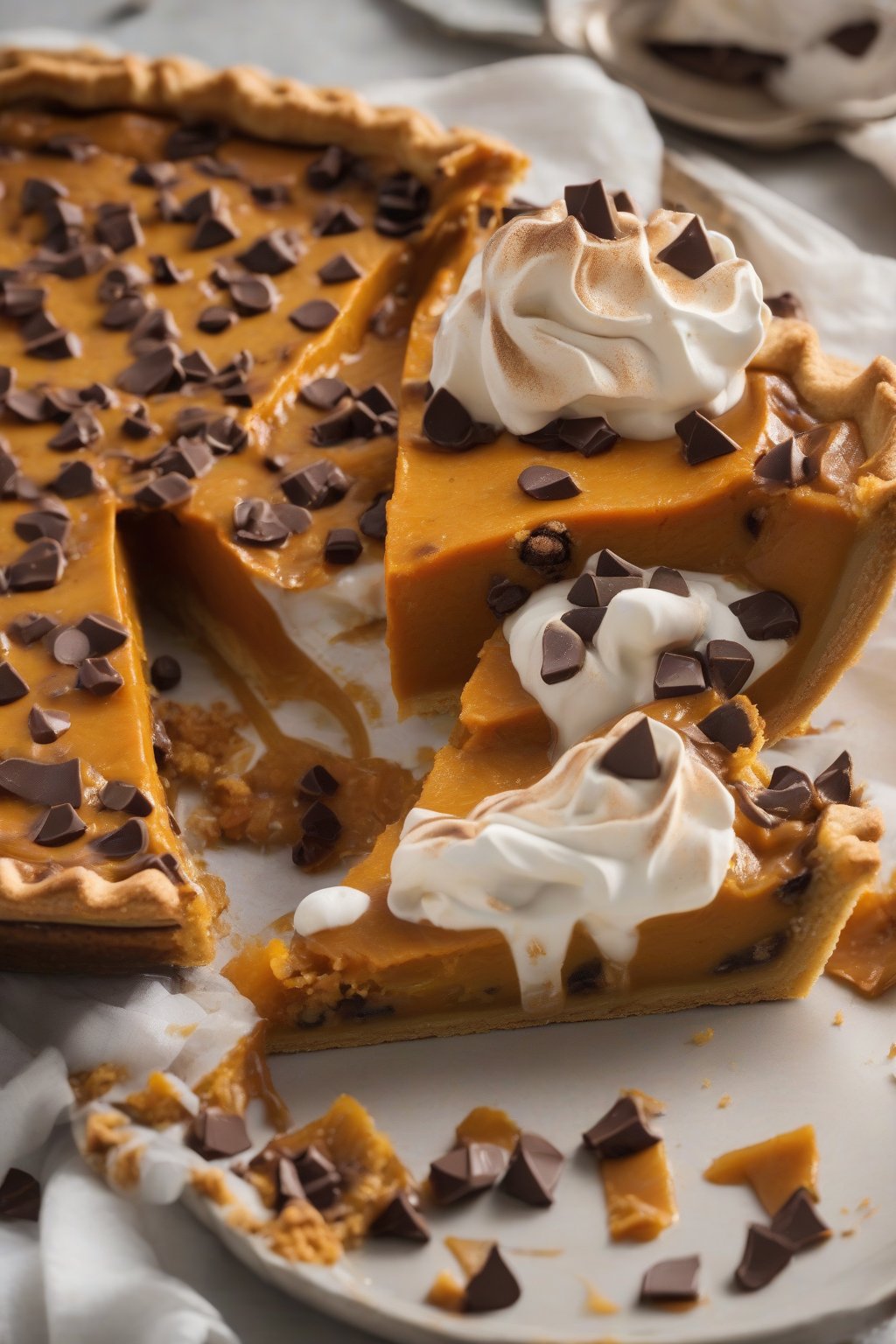 A high-resolution photo of chocolate chip pumpkin pie oozing melty chips in a slice under soft lighting.