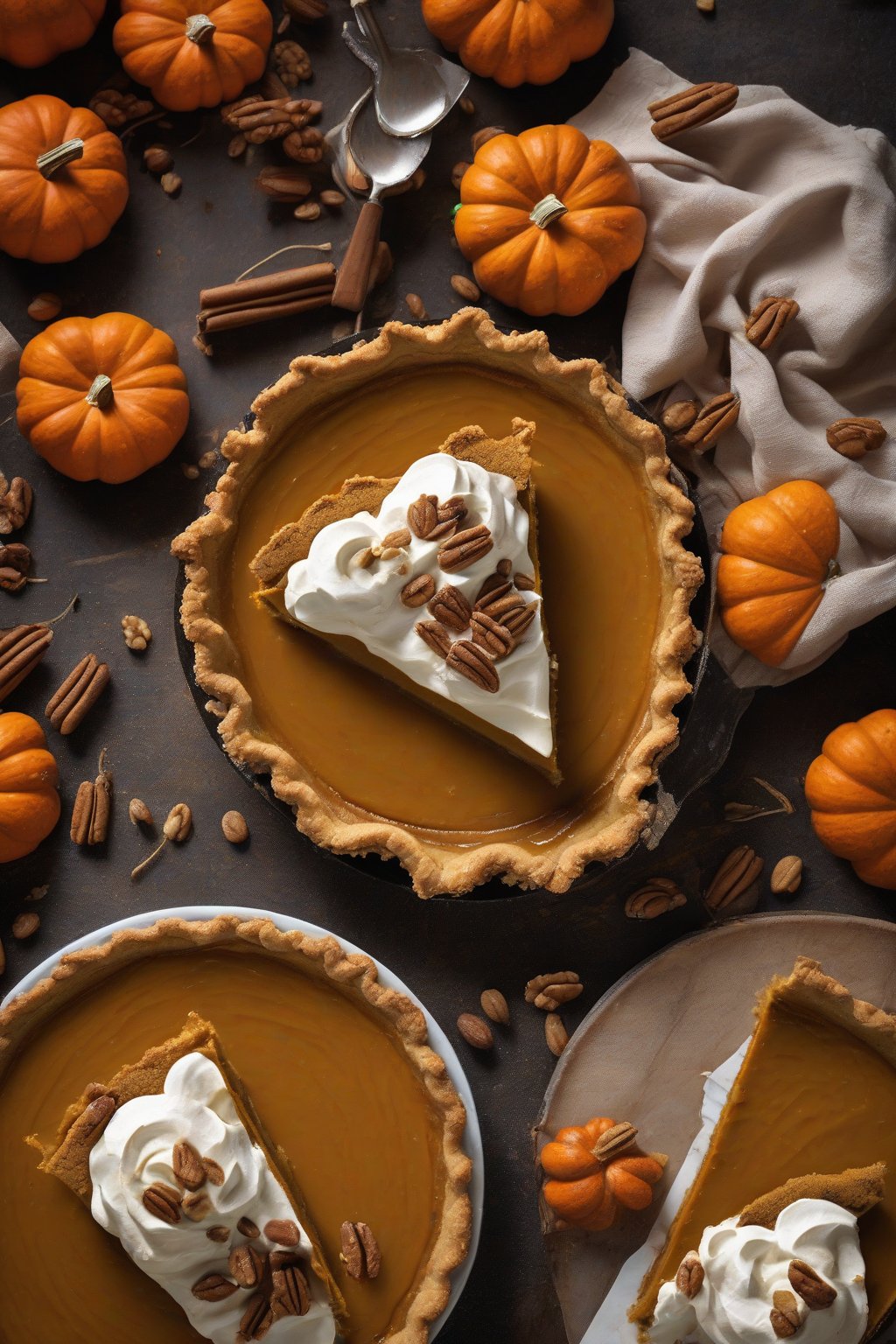 A high-resolution photo of gluten-free pumpkin pie with nutty crust and creamy center under soft lighting.