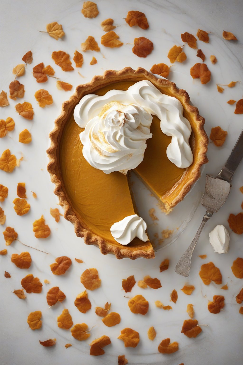 A high-resolution photo of sour cream-topped pumpkin pie with swirled white layer under soft lighting.