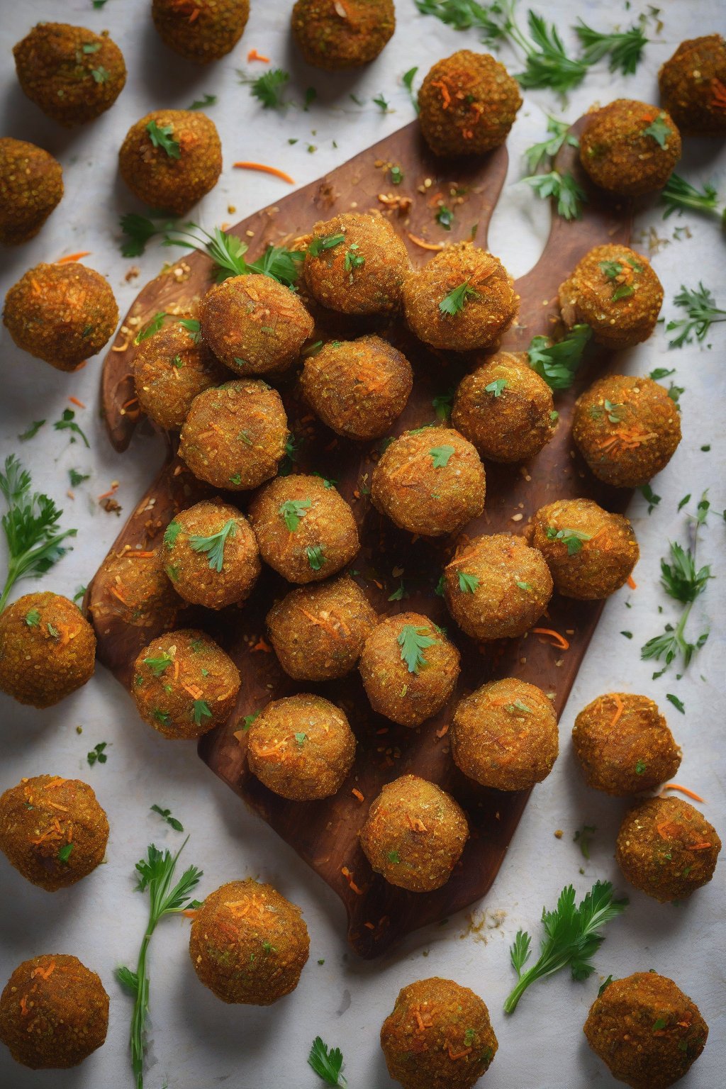 A high-resolution photo of carrot-infused golden falafel bites with cumin specks on a wooden board, under soft lighting.