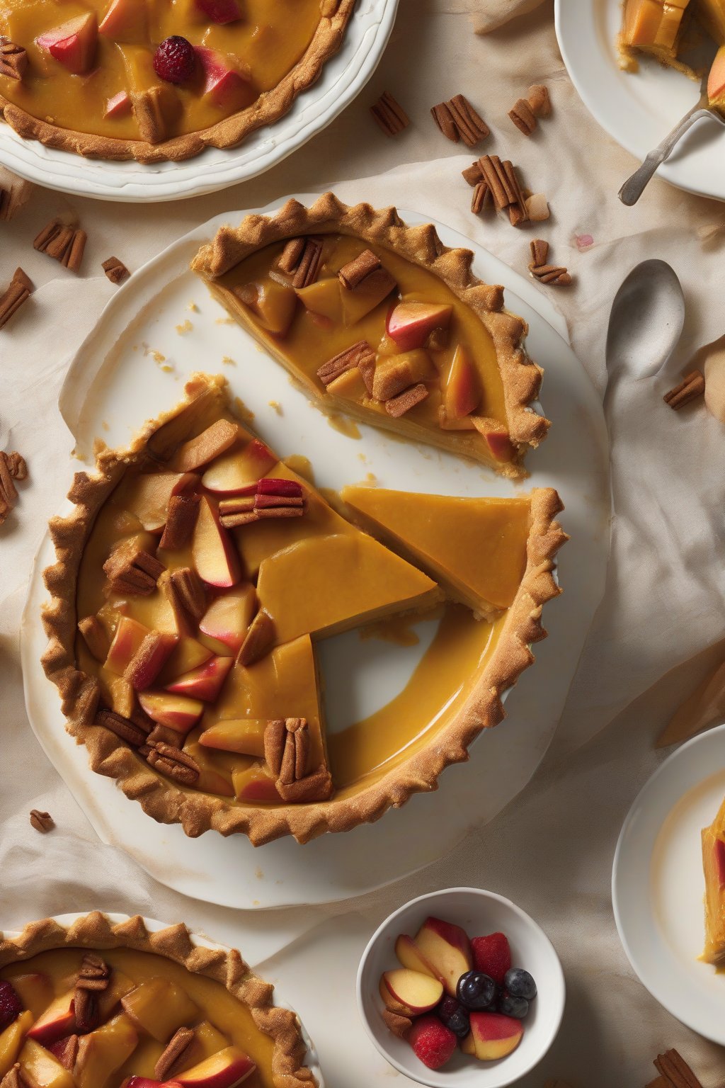 A high-resolution photo of apple liberty pumpkin pie with chunks of fruit in spiced custard under soft lighting.