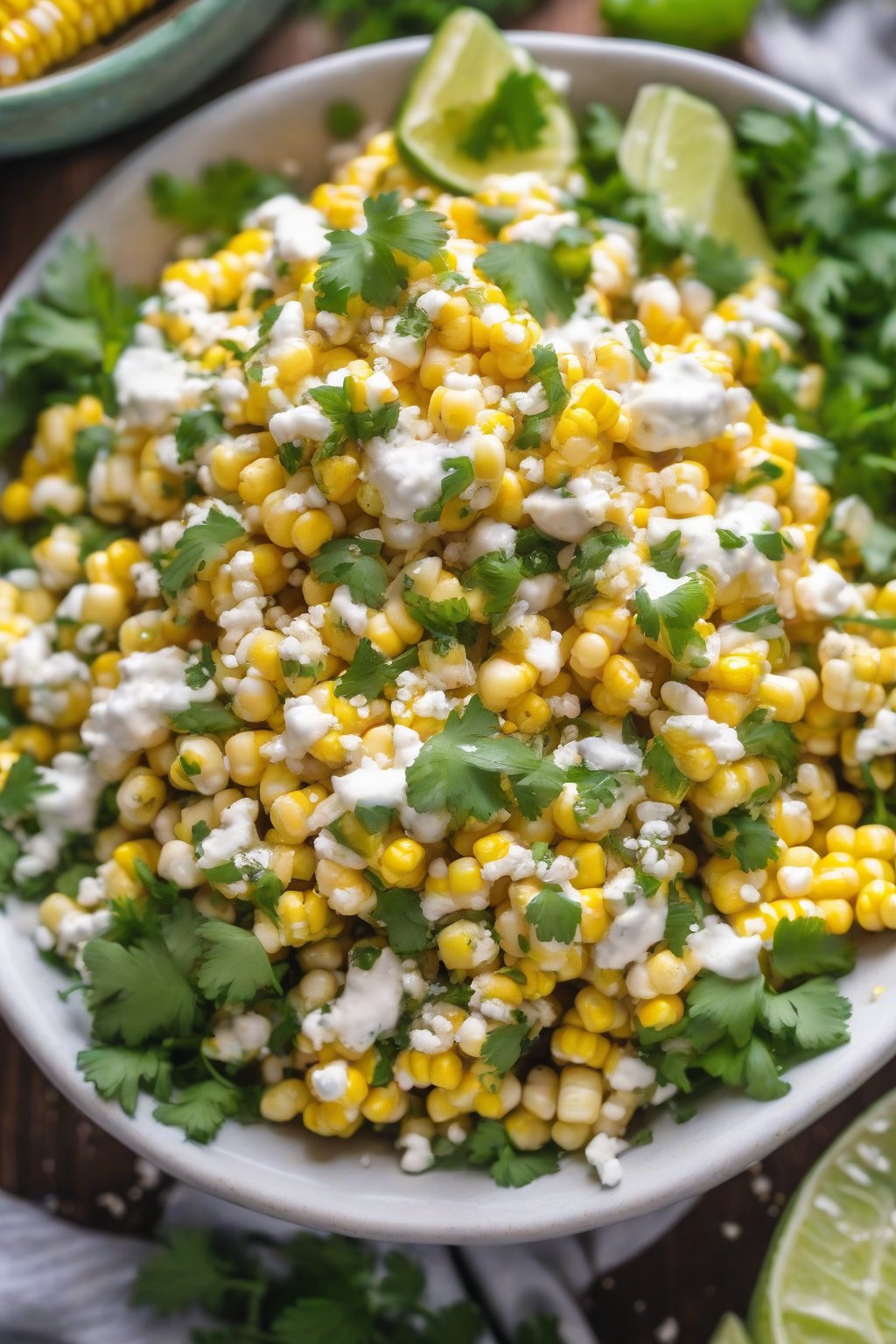 A close-up photo of Mexican street corn salad topped with cotija cheese and cilantro under soft lighting.