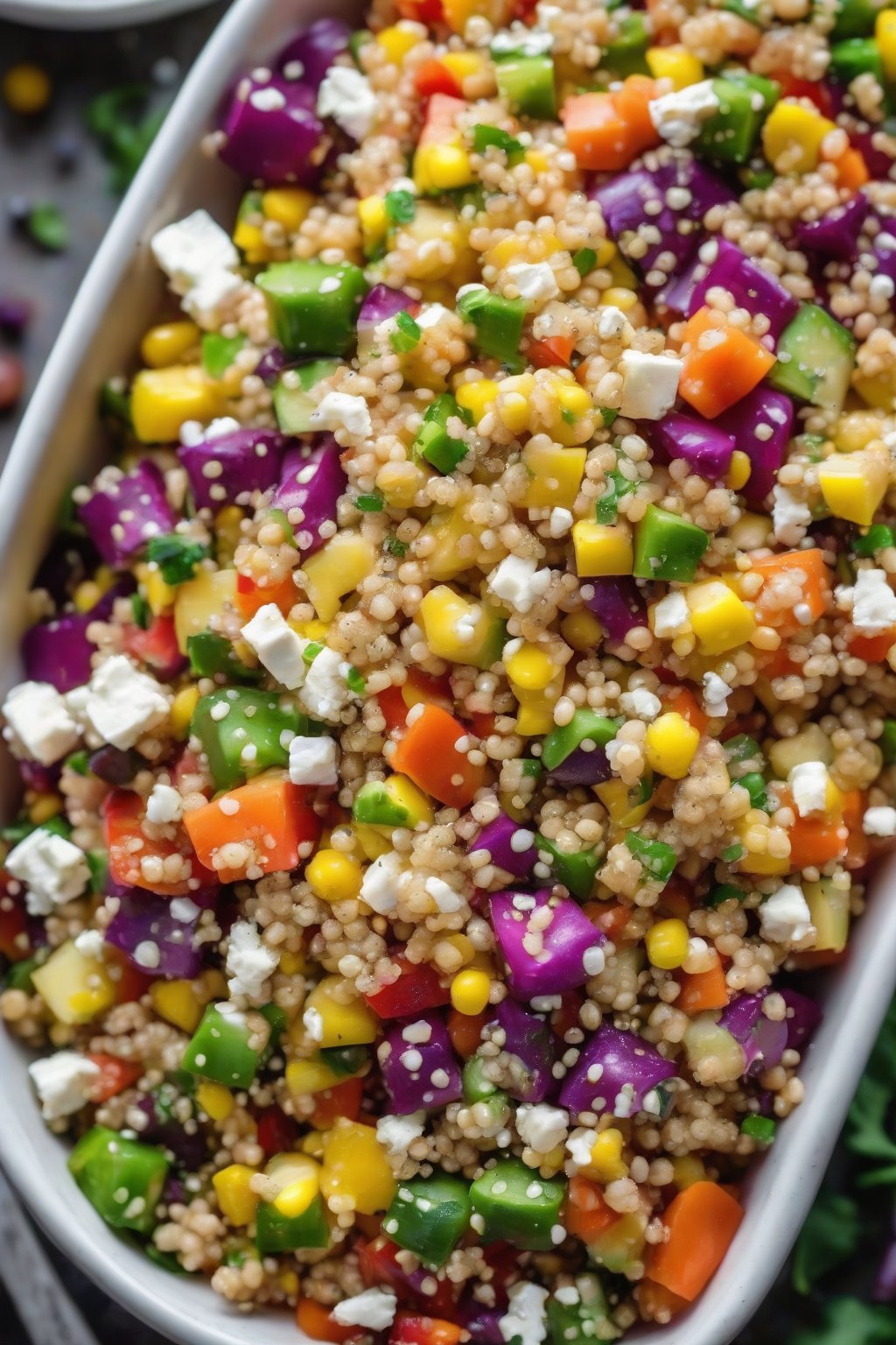 A close-up photo of rainbow corn and quinoa salad with colorful veggies and feta under soft lighting.