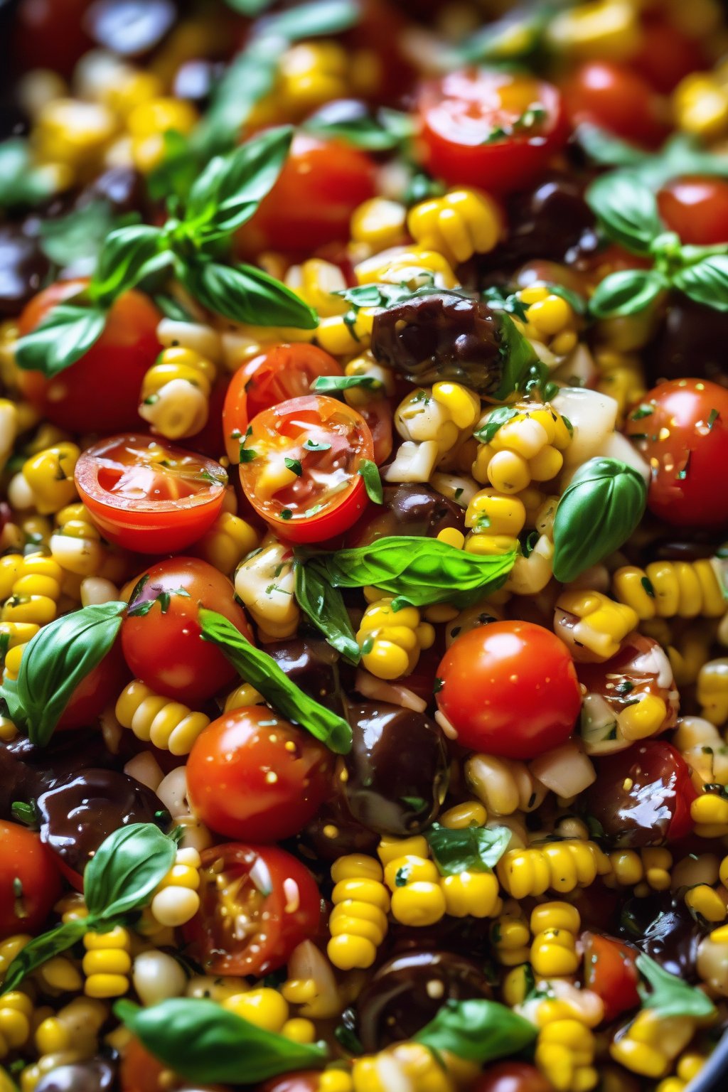 A close-up photo of cherry tomato and basil corn salad glistening with balsamic under soft lighting.