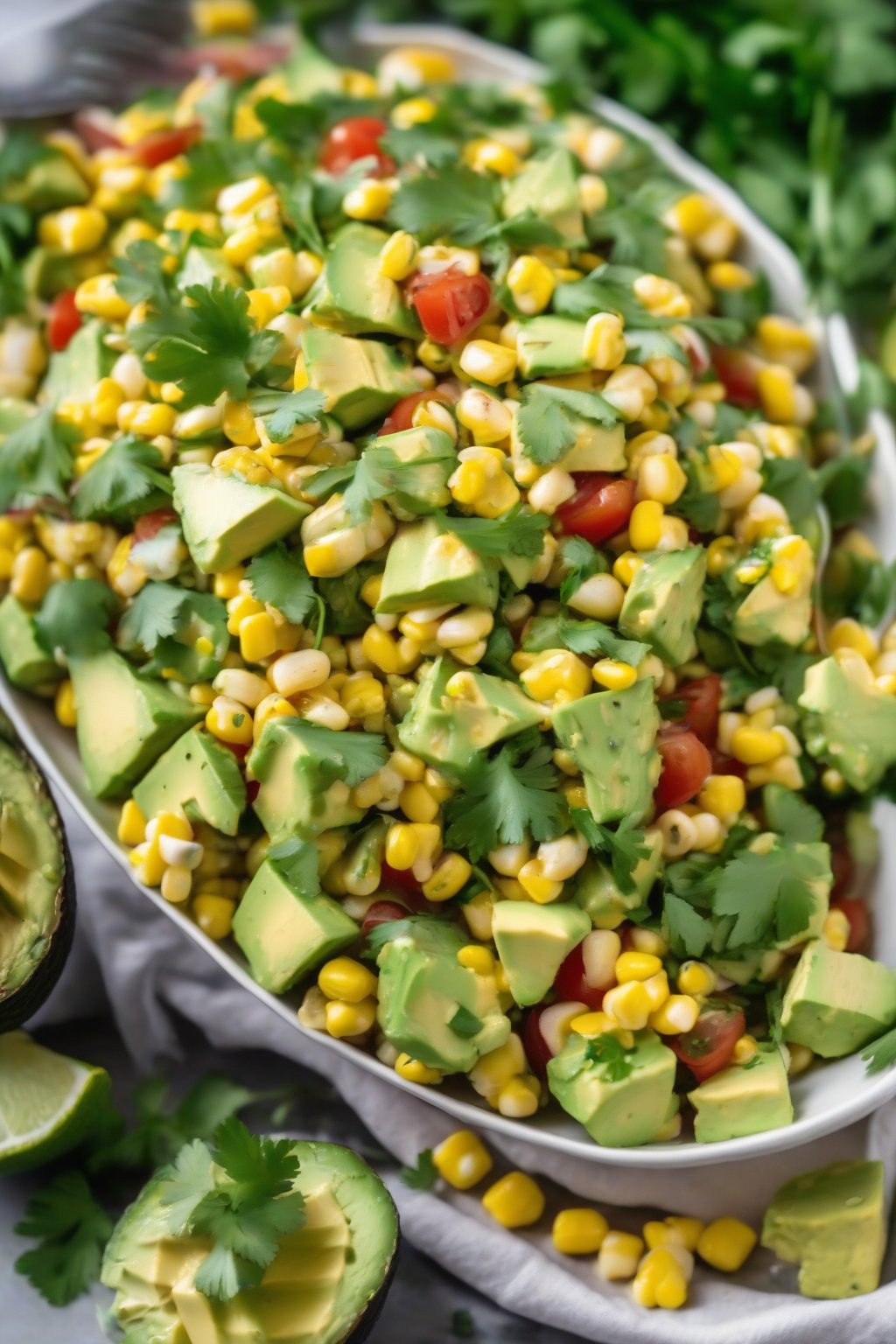 A close-up photo of avocado and corn salad with lime wedges and cilantro under soft lighting.