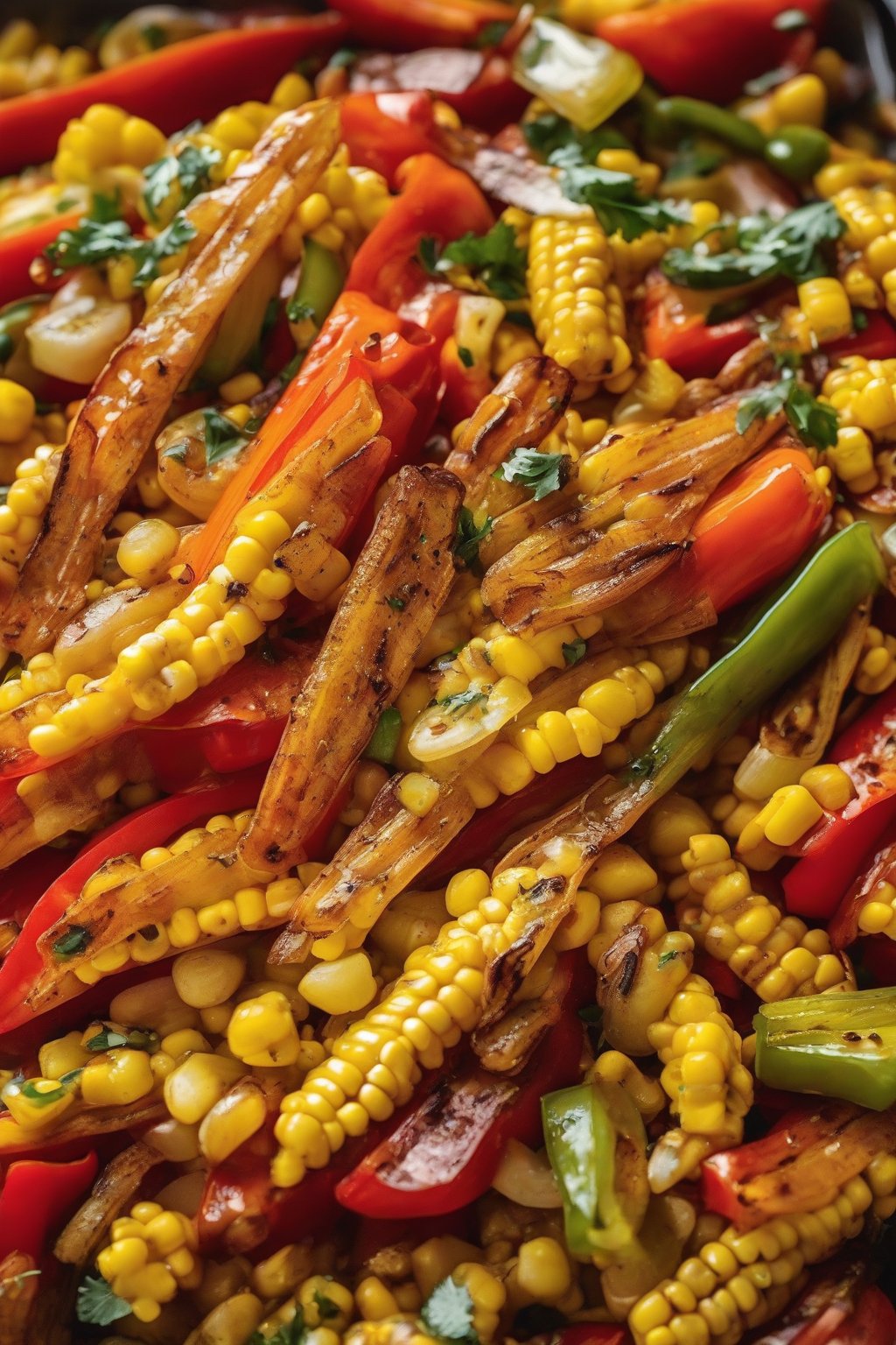 A close-up photo of bell pepper corn medley with roasted strips under soft lighting.