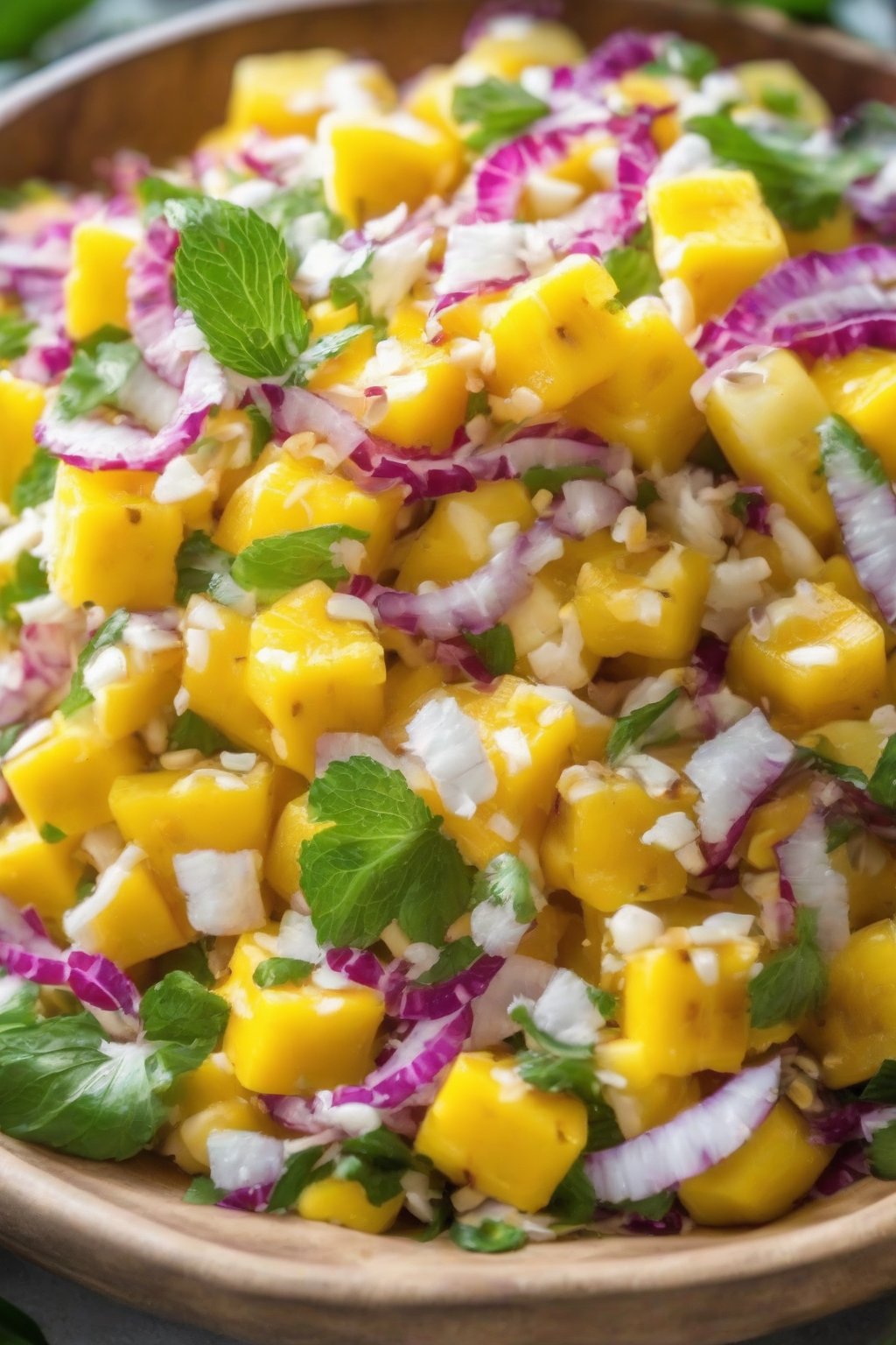 A close-up photo of tropical mango pineapple corn salad with coconut flakes under soft lighting.