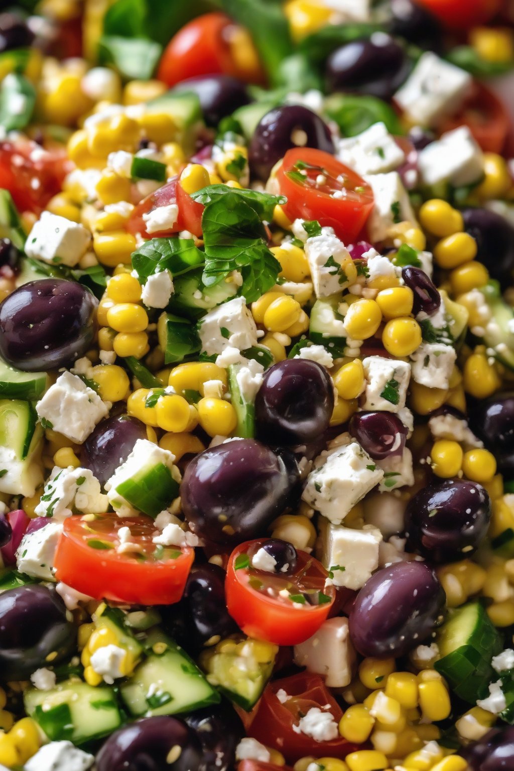 A close-up photo of Greek corn salad with feta and olives under soft lighting.