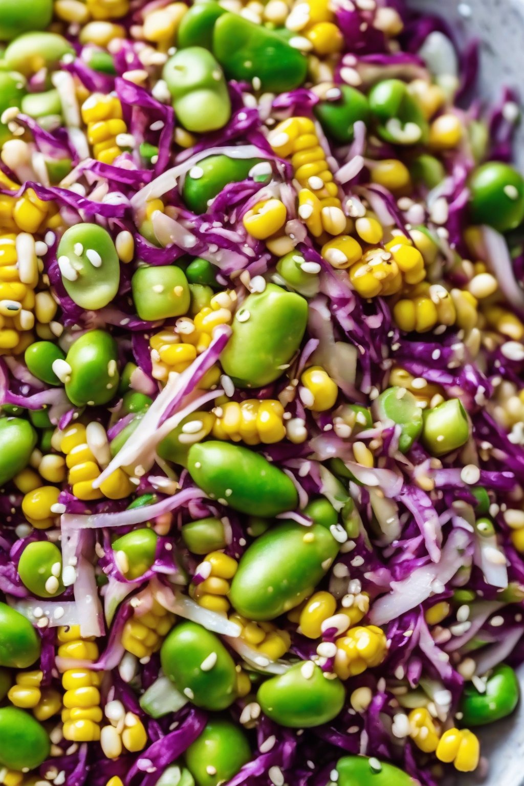 A close-up photo of Asian corn slaw with edamame and sesame seeds under soft lighting.