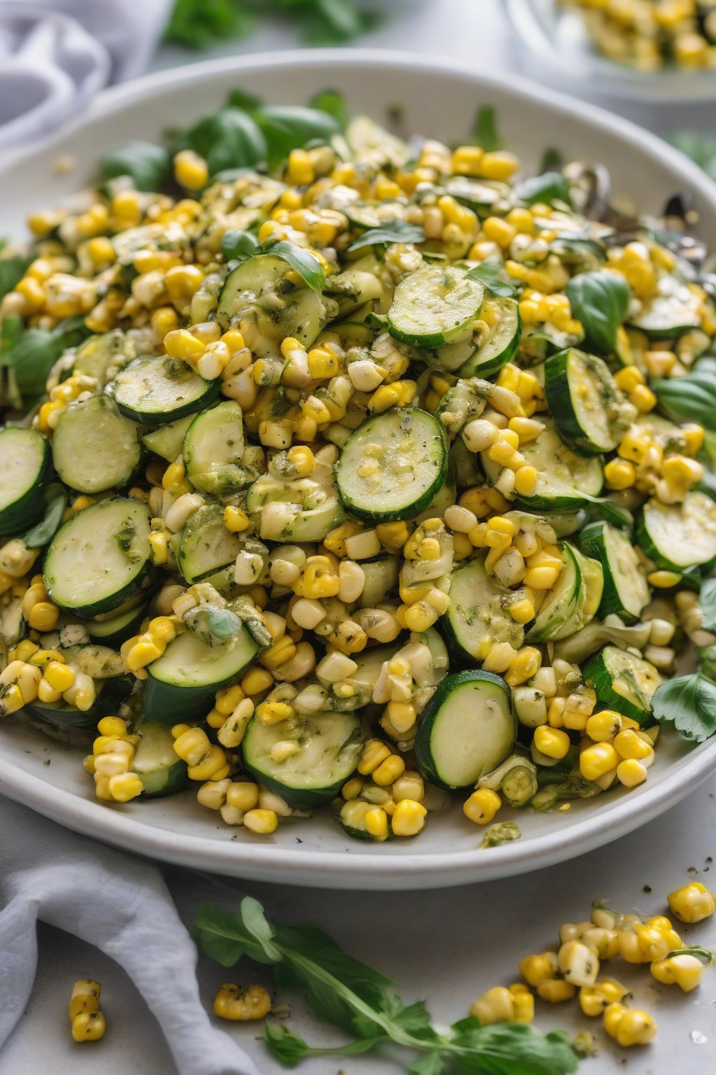 A close-up photo of roasted corn and pesto zucchini salad under soft lighting.